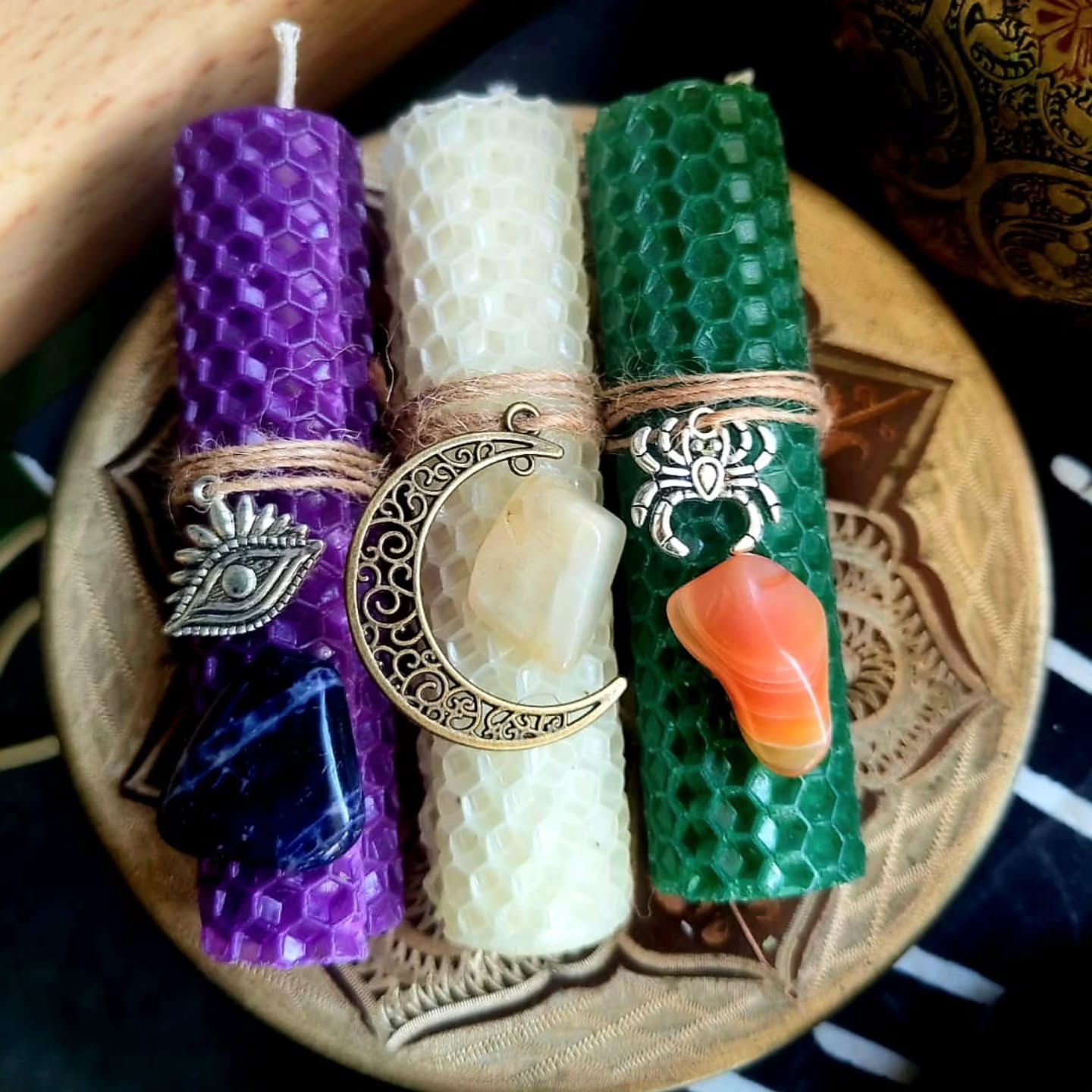 Good afternoon Wytches, we've got 3 new Candles in the Shop!
Hand rolled and hand blessed with Magickal intentions by us.
Each has a Charm and Crystal attached.
Welcome to;
The Seer's Eye- our New Intuition enhancer, burn alone our add to Rituals to Enhance Intuition.
The Weavers Web- Our new Manifesting Candle, whisper your desires to the Weavers of the Web to have your dreams woven into reality.
Wytches Moon- Use on nights of the full moon to connect you to her Energy, to protect and purification Rituals.
Each Candle is 4 inches tall and inch thick, each has a Blessed Charm and Crystal attached.
£5.99 each
See you all soon
Blessings of the Land Sea and the Sky ❤️❤️❤️❤️