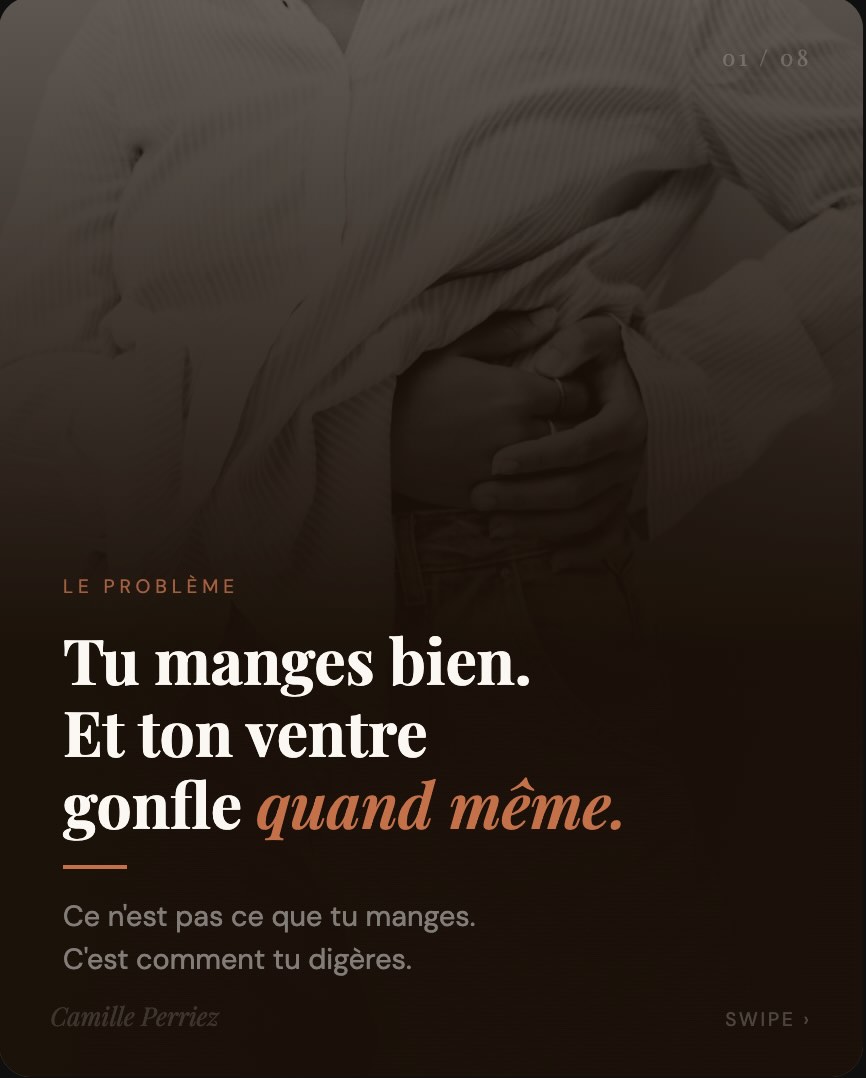 Tu manges bien. Et ton ventre gonfle quand même après les repas.
Ce n’est pas ce que tu manges. C’est comment tu digères.
La digestion c’est un système en 4 étapes.
Et la plupart du temps on sabote ce système sans le savoir. En mangeant vite.
En buvant pendant le repas. En mangeant stressée.
En regardant son téléphone.
Swipe pour comprendre exactement ce qui se passe dans ton corps à chaque repas.
Et les 3 gestes simples à mettre en place dès ce soir.
Sauvegarde ce carrousel. Et dis-moi en commentaire ce qui te parle le plus.
👇 Tu as souvent le ventre gonflé après manger ?
#digestion #ballonnements #nutritionintuitive #camilleperriez #bienetre santé ventre cortisol