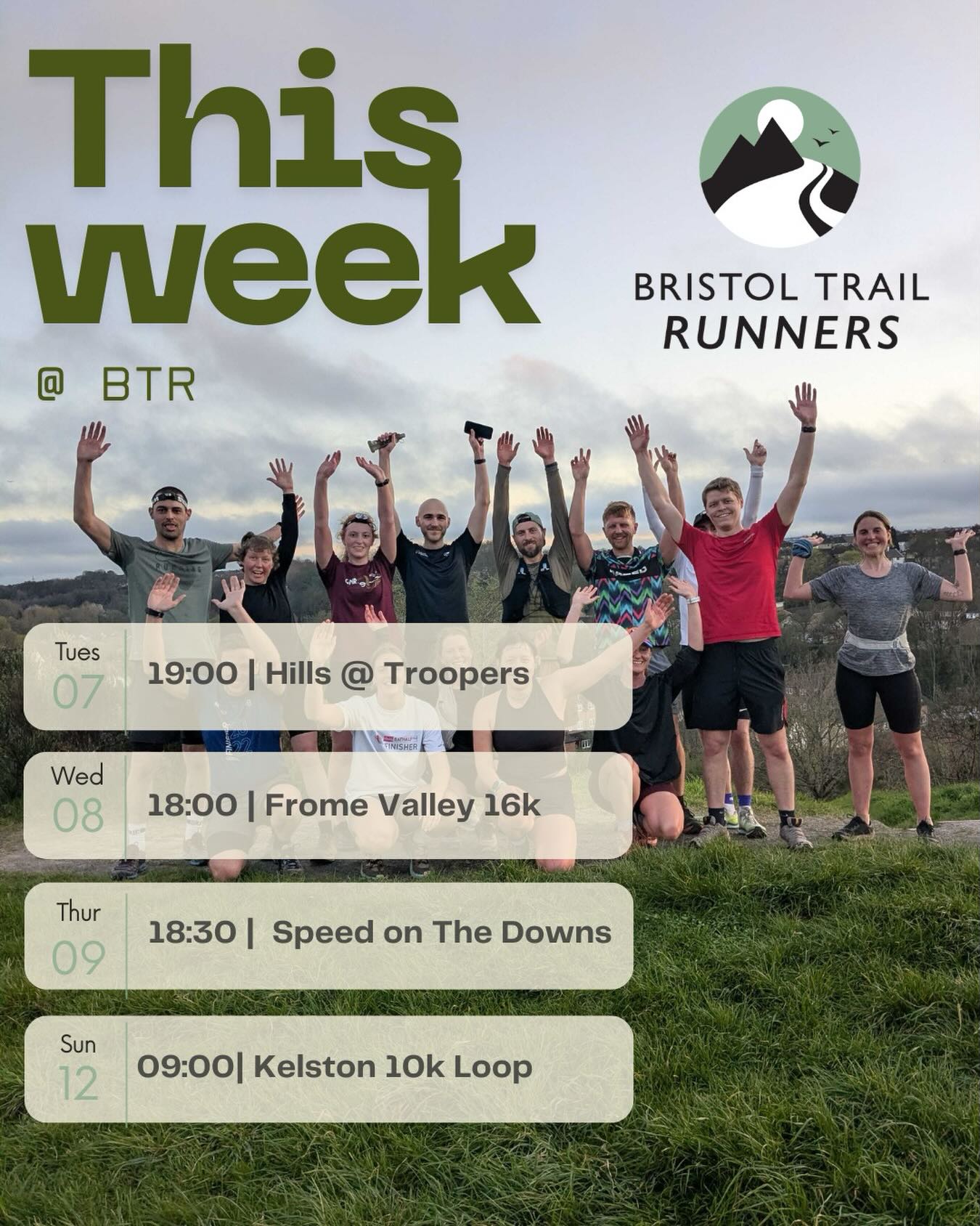 What’s happening this week 👇
Easter chocolate consumed… legs ready? Let’s go.
🔥 Tues 07 April – 19:00 | Hills at Troopers Hill
Short climbs, flowing descents, plenty of encouragement. Tough in the moment, worth it after.
🌿 Weds 08 April – 18:00 | Frome Valley 16K
Midweek miles through the valley. Steady pace, lots of regrouping. Good for building endurance and catching up.
💨 Thurs 09 April – 18:30 | Speed & Technique (The Downs)
Coached session focused on running well, not just fast. Then straight into Fake Friday at the pub.
🏔️ Sun 12 April – 09:00 | Kelston 10K Loop
Out on the Kelston trails with Bath Trail Runners. Good routes, good company.
Not part of the crew yet?
Start your free 7 day trial and come along. Link in bio