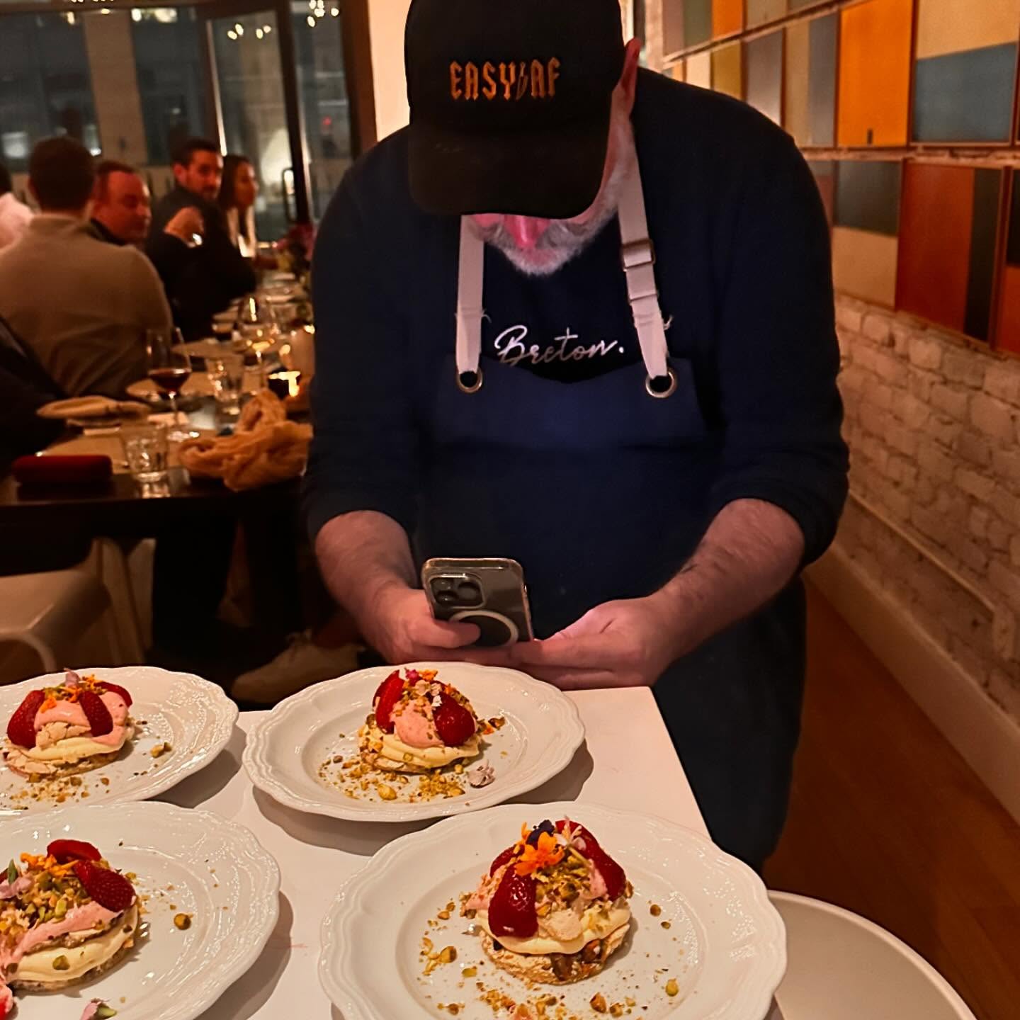 What a lovely event/evening ! Thank you @zincagency for having me, @ chef Aaron for his amazing support and @chefamandaf for her support and being an amazing friend ♥️ Pistachio Dacquoise biscuit, vanilla Mousseline Cream with pistachio butter and strawberry/lemon compote inserts, topped with Strawberry Chantilly, finished with Pistachio and edible flower! The result is light, fresh and not too sweet.