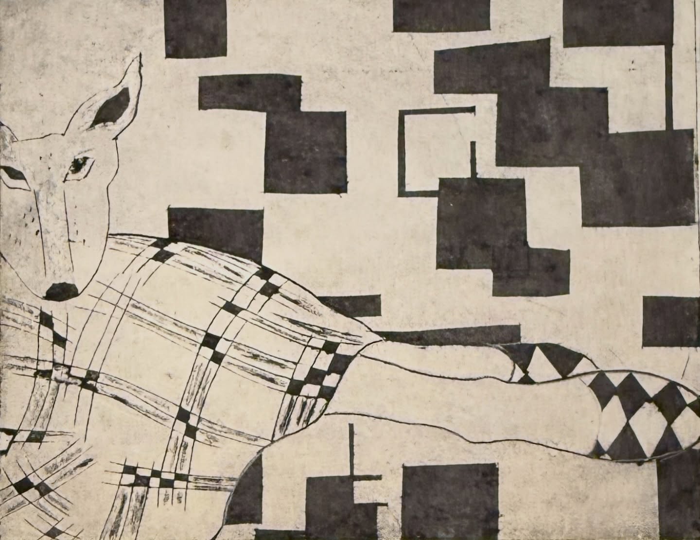 Bob, Lap Dog. Collagraph on some unidentified paper, 25x20cm. A remnant of an idea from Change the Media, a workshop steered by myself and @nancygruskin last year. Hosted by @blackpondstudio we’re doing another this year, Paper Chase. Only 2 spots left I think. Bob has held a fascination for me ever since. Along with slippers, of course! #collagraph #joanbrown #printmaking #bobthedog #slippers