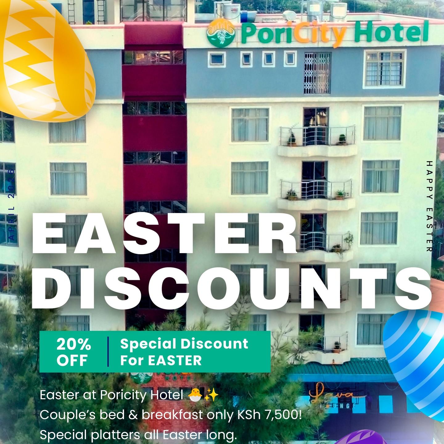 Wishing you a blessed Sunday! Celebrate Easter with us at Poricity Hotel โ enjoy 20% off our rooms and special reduced prices on family platters. Book today and make your holiday unforgettable!