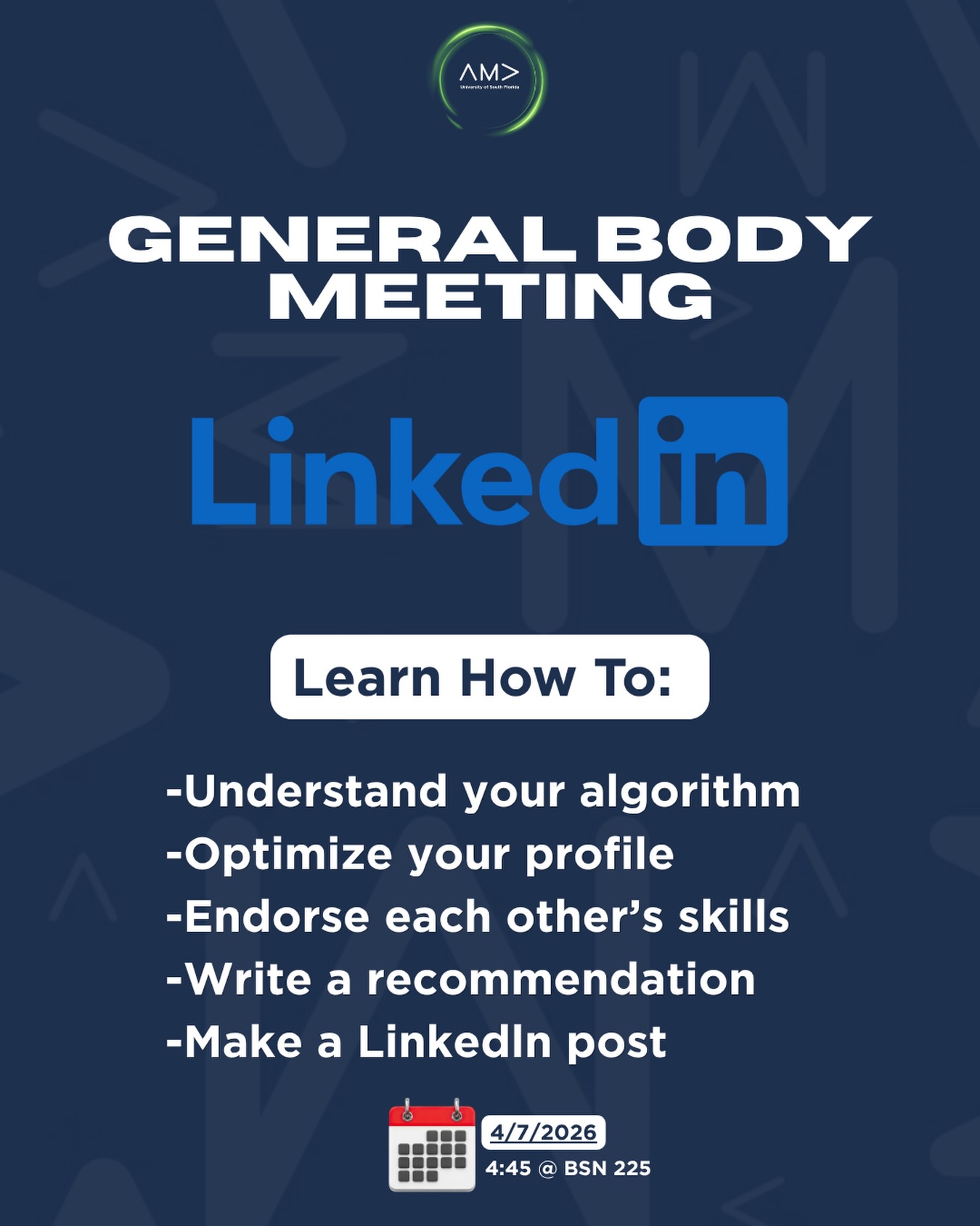 Do you want to learn all the tricks and hints for Linkedln? Catch our General Body Meeting @ BSN 225, from 4:45-6:00 pm tomorrow!!💙🤘🏻
Linkedln is the best way to present yourself and tell your story online! Don’t miss this opportunity and get involved with us!!
See you there!!👀👀