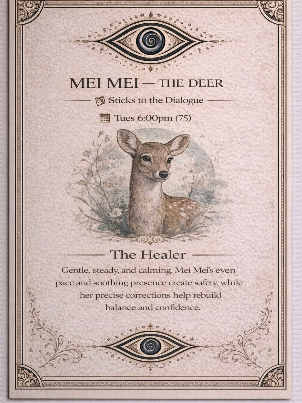 First up on our 26 & 2 teachers menu is Mei Mei🦌
As we reveal our instructors week by week each Tuesday, Mei Mei’s bubbly presence (combined with the fact that she teaches on Tuesdays!) made her an easy choice to be the first animal representative of the teacher squad!
Fun fact: Mei Mei started practicing Bikram 15 years ago due to a Groupon deal😳 Favorite pose is half tortoise and standing bow!!!
Come practice with Mei Mei the deer every Tuesday night at 6pm!