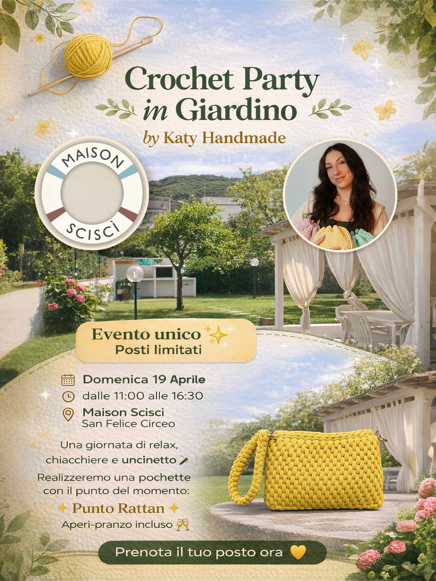 IL MIO UNICO CROCHET PARTY IN GIARDINO! 🌿🧶✨
Finalmente il momento è arrivato: Domenica 19 Aprile ci incontriamo dal vivo per quella che sarà l’UNICA data di questa stagione! 😍
Molte di voi mi hanno chiesto di Terracina, ma dopo tante ricerche ho deciso di concentrare tutte le mie energie in un’unica, magica cornice: il giardino di Maison Sciscì, a San Felice Circeo (LT). Ho scelto questo spazio riservato per offrirvi un’esperienza di puro relax, creatività e condivisione, lontano dalla frenesia di tutti i giorni.
Sarà un pomeriggio dedicato interamente a noi, alle chiacchiere e alla realizzazione della Pochette Rattan, l’accessorio più amato del momento! 🍋💛
Cosa vivremo insieme:
🧶 Workshop Esclusivo: Realizzeremo insieme la tua pochette (ti fornirò io tutto il materiale necessario, dai filati agli accessori!).
🍽️ Aperi-Pranzo in Giardino: Un momento conviviale con un buffet ricco e curato, da gustare insieme all’aperto sotto il porticato.
🎁 Il Box dei Tesori: Un angolo speciale dove potrai scoprire e scegliere i filati che ho selezionato personalmente per voi.
✨ Esperienza Unica: Cinque ore e mezza tutte per noi, in una location esclusiva, per creare bellezza e nuovi legami.
📅 Quando: Domenica 19 Aprile
⏰ Orario: Dalle 11:00 alle 16:30
📍 Dove: Maison Sciscì - San Felice Circeo (LT)
⚠️ POSTI LIMITATI: Essendo l’unico evento in programma, i posti voleranno via velocemente. La prenotazione è obbligatoria per potervi seguire con la massima cura.
👉 VUOI PARTECIPARE? SCRIVIMI “INFO” nei commenti!
Ti manderò subito tutti i dettagli su come riservare il tuo posto e sulla quota di partecipazione (che include tutto: workshop, kit materiali e aperi-pranzo!).
Non vedo l’ora di vedervi lì, con l’uncinetto in mano e un sorriso, nel verde di Maison Sciscì! 🎈✨
•••
#katyhandmade #maisonscisci #sanfelicecirceo #eventilazio #workshopuncinetto