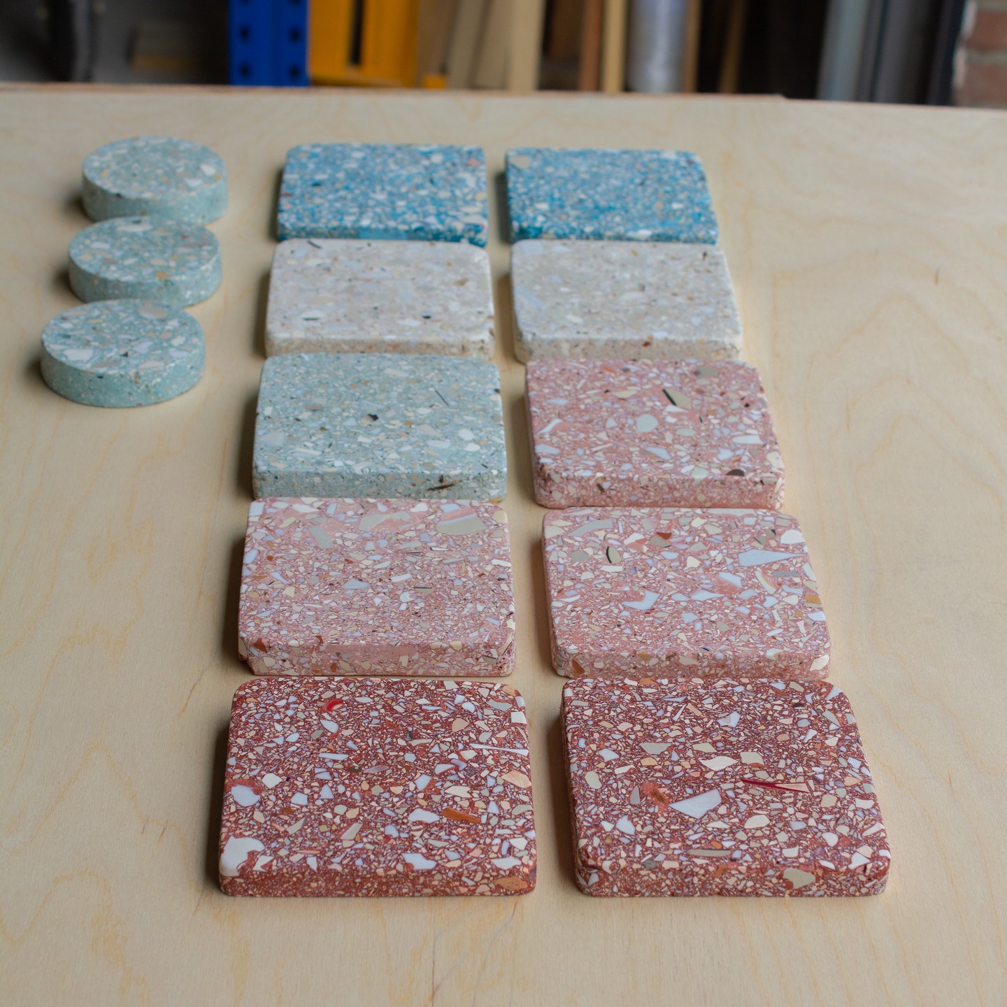 New rounds of sample colors for 'Bodem' our recycled ceramic terrazzo material.