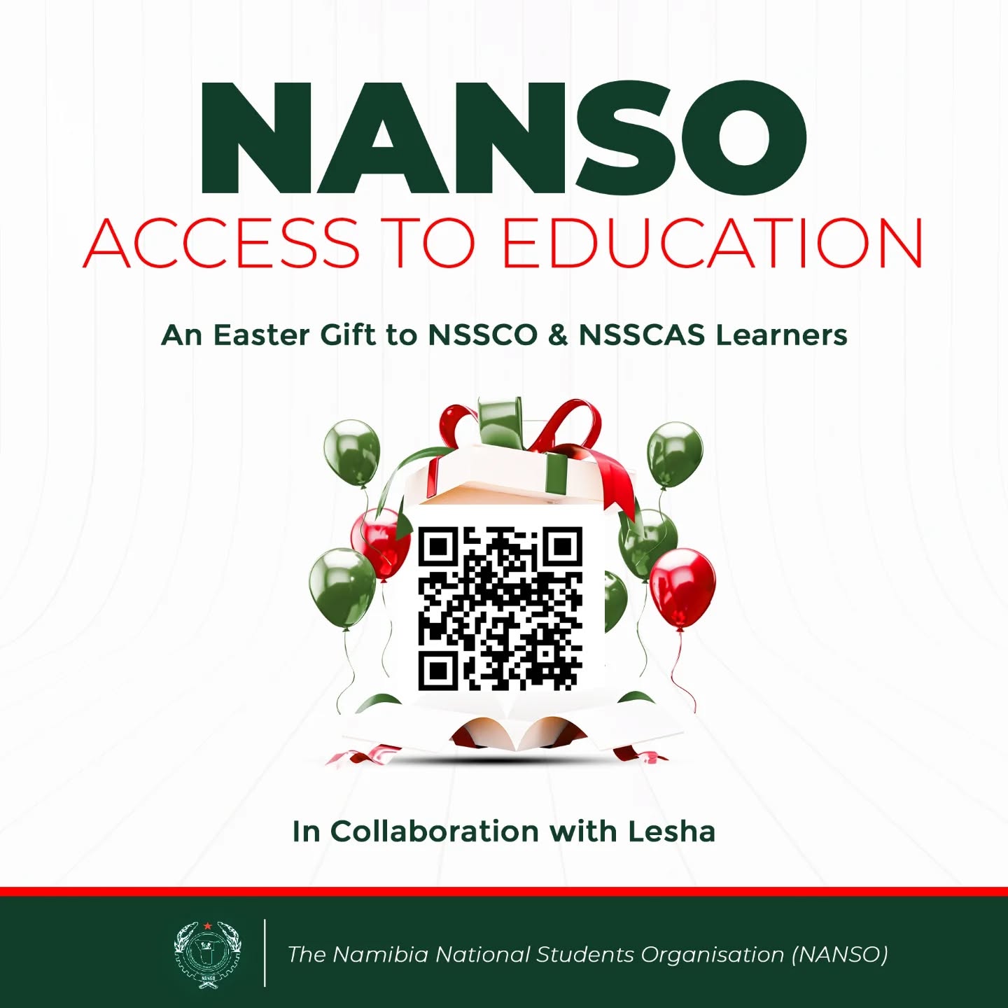 We are unwrapping a special Easter gift for all NSSCO & NSSCAS Mathematics learners!💚
In collaboration with Lesha Namibia, we are providing the tools you need to secure your results for the April examinations.📚
How to claim your gift:
Scan the QR code on the poster
OR
Click the link:https://www.lesha.com.na/