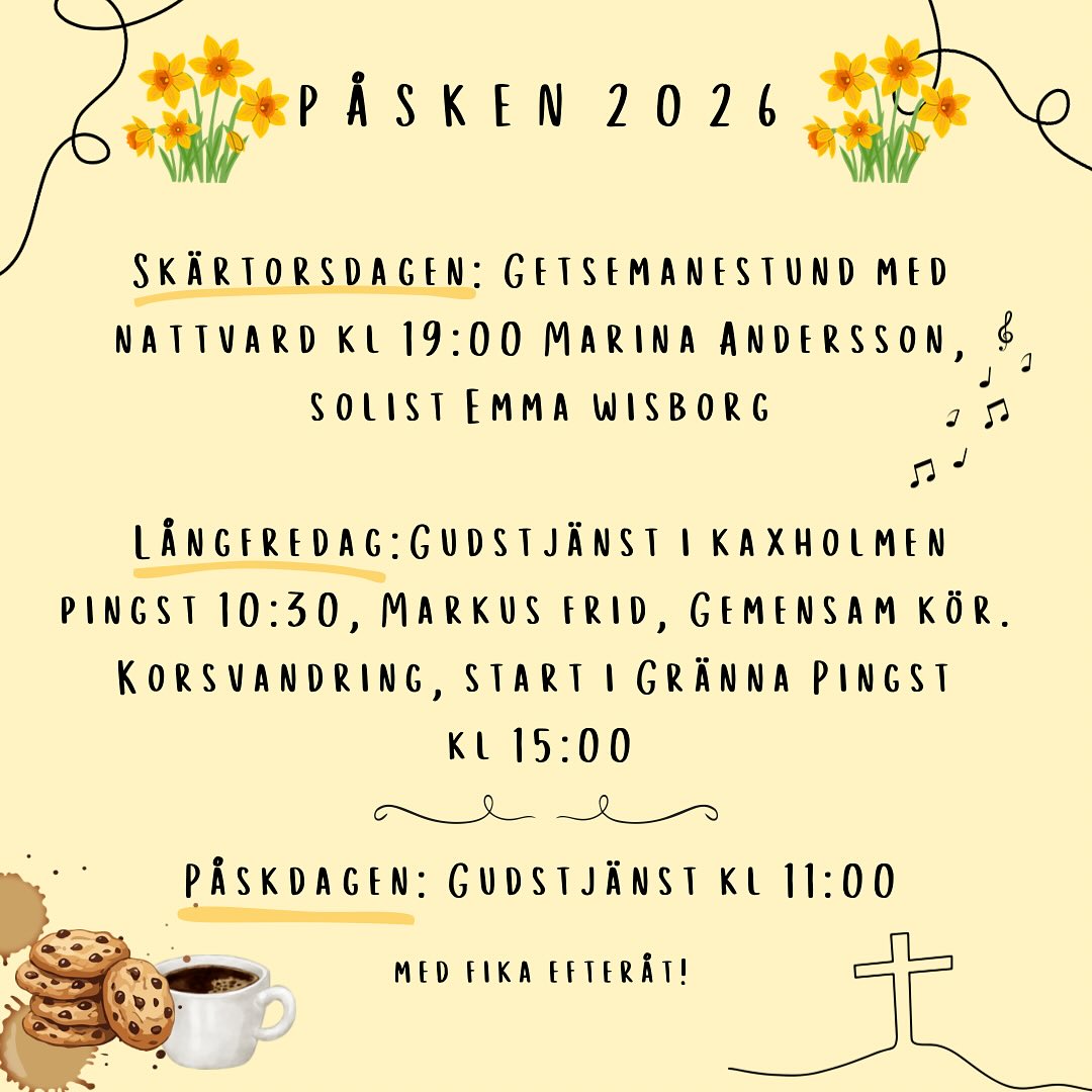 Påskveckan är här!!! 🌼✨ ovanför är schemat för veckans olika möten!! Varmt välkommen!!🤍☕️✨