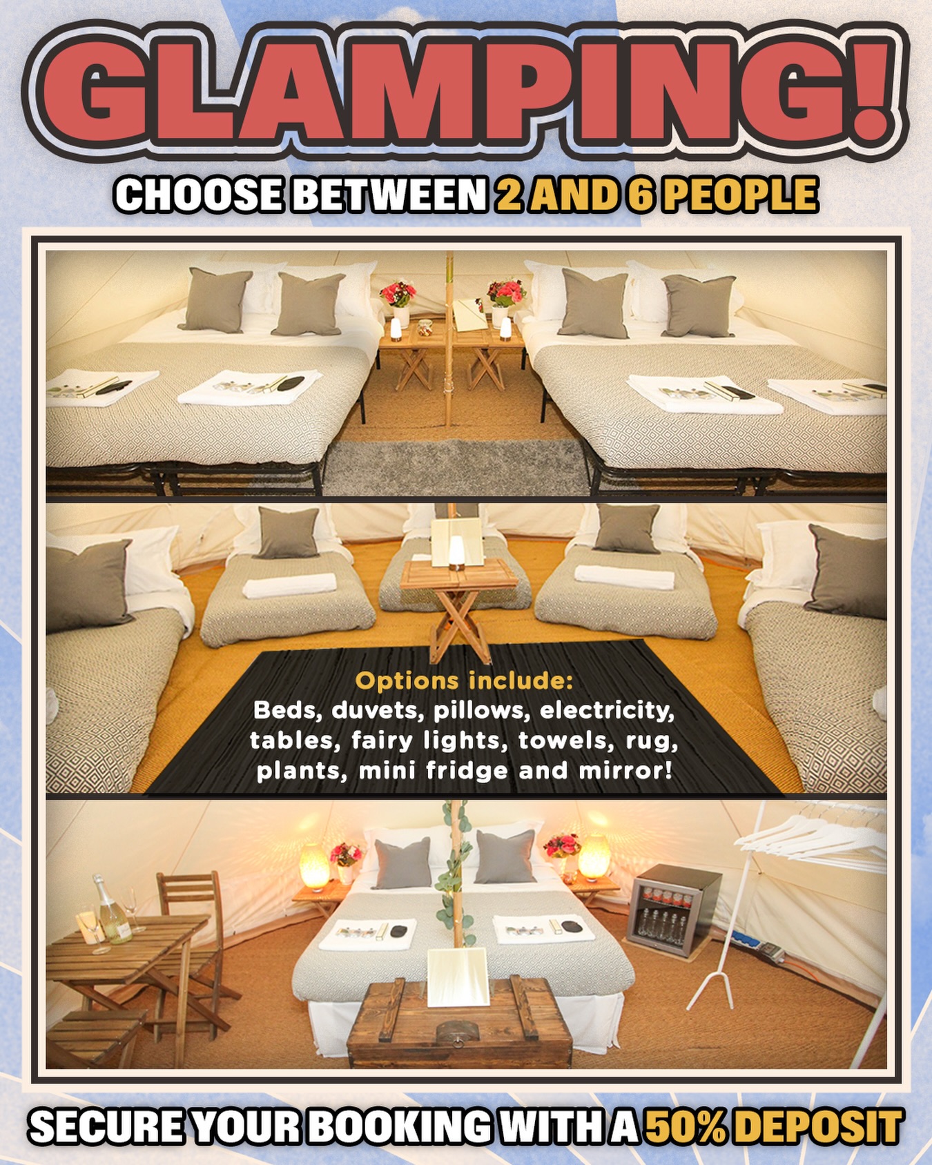 Glamping teepee’s selling fast! ⛺ Hire for 2 - 6 people!
Options include beds, duvets, pillows, electricity, tables, fairy lights, towels, rug, plants, mini fridge and mirrors!
Private toilets, showers and pamper tent!
💰 Secure your booking with a 50% deposit! Prices start from just £109 per person. No extra charge for the extra day for those who buy the Thursday early entry pass!
Limited quantities available 👉 Book now at woodvilleproject.co.uk/festival/vco (link also in bio)