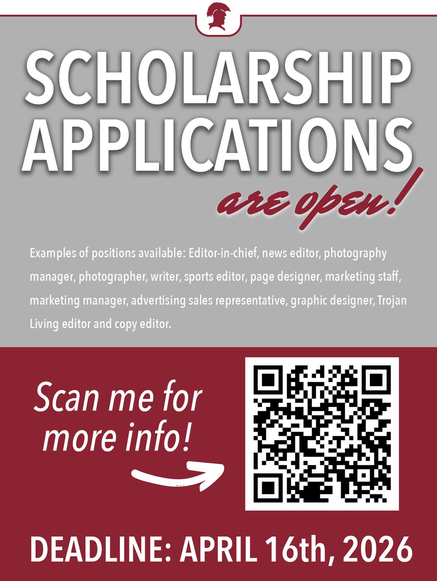 SCHOLARSHIP APPLICATIONS OPEN! 📚📰🚨
Scholarships for the Troy Student Publications are now open! This is for any student interested in scholarship for the Tropolitan and/or the Palladium.
Please scan the QR code for more information.