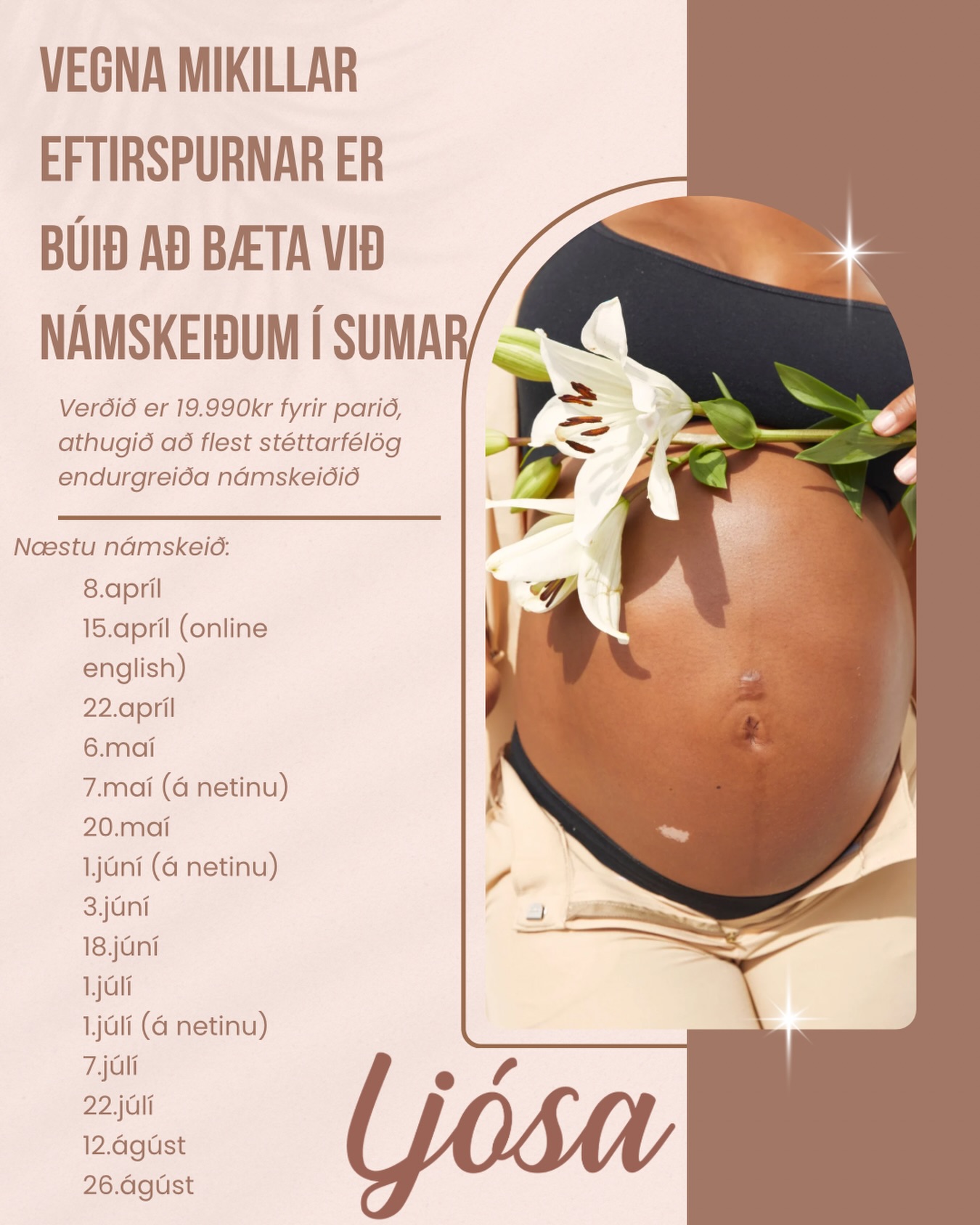 Vegna mikilla anna er búið að bæta við námskeiðum í sumar ✨
Við mælum með að bóka tímanlega 🙏🏻
Námskeiðin eru staðarnámskeið og netnámskeið, flutt á íslensku og ensku. Góður tími til að koma er á milli 28-34 vikur 💗
Námskeiðin kostar 19.990 fyrir parið og við vekjum athygli á að flest stéttarfélög endurgreiða námskeiðið 🫶🏻
Bókið á Ljosa.is