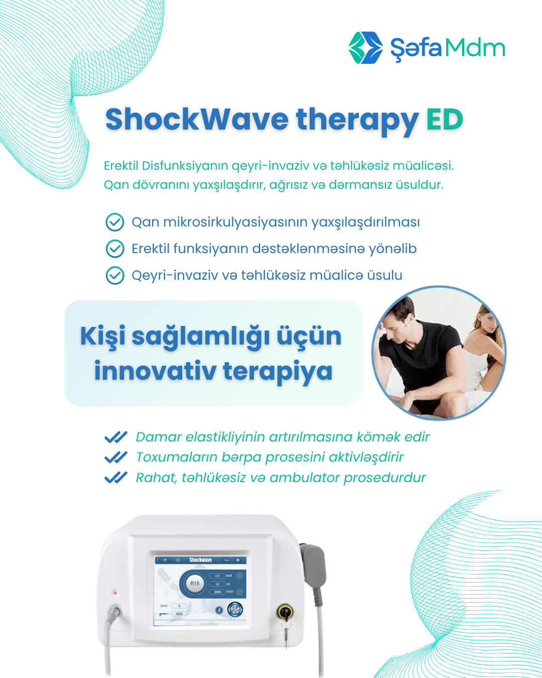 Şəfa MDM-də sağlamlığınız üçün ən müasir və effektiv texnologiyalar! 💙
🔹 ShockWave Therapy (OSTEO)
Dayaq-hərəkət sistemi xəstəliklərinin müalicəsində yüksək dəqiqlikli fizioterapiya üsulu.
✔️ Ağrının azaldılması
✔️ Hərəkətin bərpası
✔️ Ultrasəs ilə birlikdə daha dəqiq diaqnostika
🔹 Magic Chair
Qeyri-invaziv HIFEM texnologiyası ilə çanaq dibi əzələlərinin gücləndirilməsi.
✔️ Ağrısız və rahat prosedur
✔️ Cəmi 30 dəqiqə
✔️ Əməliyyatsız effektiv nəticə
🔹 ShockWave + Ultrasound Therapy
İki güclü texnologiyanın birləşməsi ilə kompleks müalicə.
✔️ Ağrının sürətli azalması
✔️ Toxumaların bərpası
✔️ Oynaqlar və əzələlər üçün ideal seçim
🔹 980 nm Diode Laser
Damar ulduzcuqları və səthi damarların effektiv aradan qaldırılması.
✔️ Dəriyə zərər vermədən
✔️ Kollagen stimulyasiyası
✔️ Hamar və estetik görünüş
🔹 ShockWave Therapy (ED)
Erektil disfunksiyanın təhlükəsiz və qeyri-invaziv müalicəsi.
✔️ Qan dövranının yaxşılaşması
✔️ Təbii funksiyanın bərpası
✔️ Ağrısız və dərmansız üsul
Peşəkar yanaşma, müasir avadanlıqlar və diqqətli xidmət ilə sağlamlığınıza dəyər qatırıq.
📍 Yasamal r., H. Zərdabi 84
📞 055 448 38 11
🌐 www.shafa.az | www.hid.az
#fizioterapiya #reabilitasiya #agrısızhəyat #saglamheyat #baku #azerbaijan #shafamdm