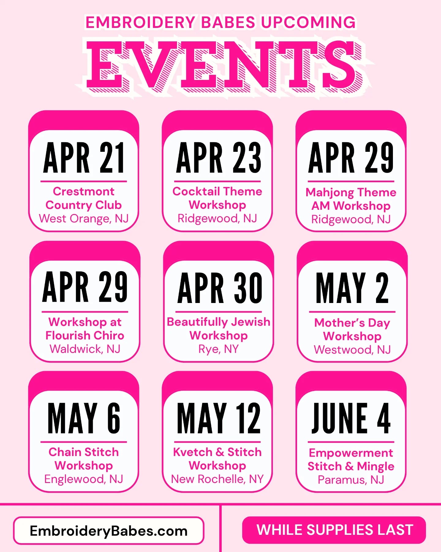 sorry but "same restaurant, same drinks, same convo" is not the move this spring 😉🧵
this is the group chat plan that actually gets everyone excited — stitch, sip, leave with something you made and a story to tell 💕☕
we're all over NJ + NY this spring — spots go fast
📍Apr 21 — West Orange (Private)
📍Apr 23 — Ridgewood (Sold out)
📍Apr 29 — Ridgewood & Waldwick
📍Apr 30 — Rye
📍May 2 — Westwood
📍May 6 — Englewood
📍May 12 — New Rochelle (Private)
📍June 4 — Paramus
send this to your group chat and actually go 👇
EmbroideryBabes.com