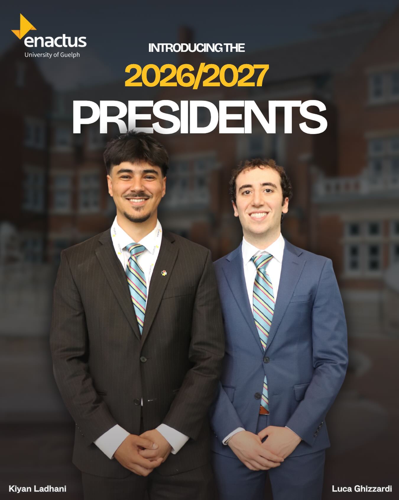 Introducing our 2026-2027 presidents Kiyan Ladhani & Luca Ghizzardi!
Applications open Thursday April 2nd 👀
Learn more at: enactusguelph.com
#enactus #enactusguelph #uofg #presidents #sustainability