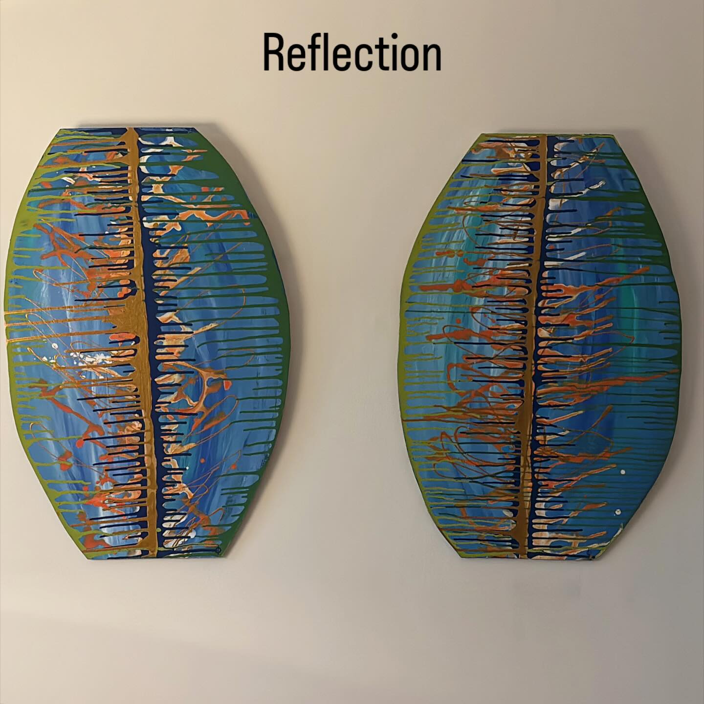 When I created these paintings my main goal was to transform two older pieces into shield like paintings that popped from a center. The process of making them made me feel like the earth must feel when a volcano erupts and the hot lava transforms everything in its path. After viewing it for some time I might transform it again this time adding texture to the center. What do you think? #paintings #blue #florida #abstracts