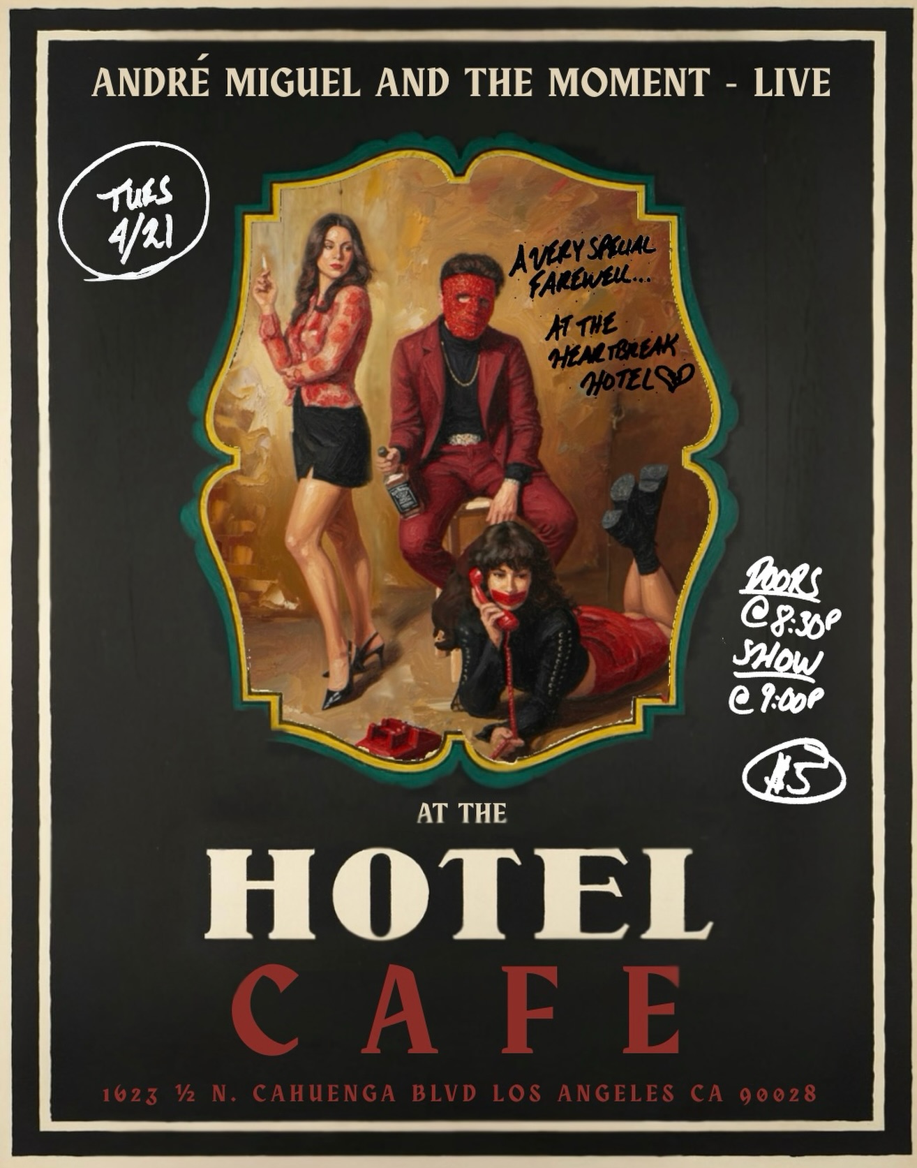 The LA institution known as @hotelcafe is shutting down. So join us in sending it off, old-timey Hollywood style. Take your pep-pills, chug some absinthe, and bring your holiest of holies to our show on Tuesday, April 21st. Doors open at 8:30PM. Steal $5 from your mama’s purse and bring that sweet of ass of yours to a pre-Hays code kinda night. We got some new tracks to lay into your ear holes. It’s the Hotel Café baby! Check in and check out, on some Marilyn Monroe shit! Play your cards right and you’ll go home with a Seven Year Itch…
_________
ANDRÉ MIGUEL & THE MOMENT
LIVE at THE HOTEL CAFE
APRIL 21st, 2026
Poster Design: @jackiebonsignore
__________
.
.
.
#losangelesmusicians #losangelesliveshow #LArockandroll #hotelcafelosangeles