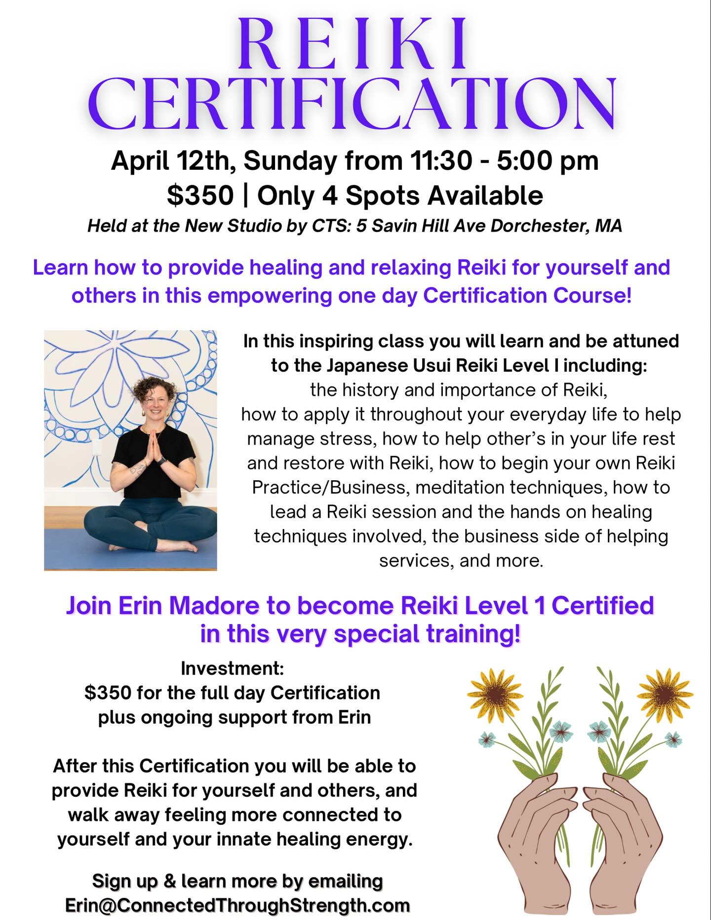 Last call - ONE Spot Left in Erin's upcoming Reiki Certification training this Sunday 4/12🤩🙏🏼 Interested? DM us and set up a call with Erin this week! 🌷This is an amazing one day training and great opportunity to learn how to provide Reiki supportive and healing touch for yourself and others!