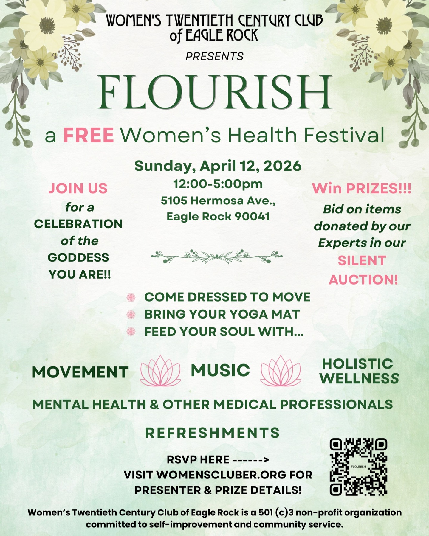 Get ready to FLOURISH, next Sunday, April 12th at @womensclubeaglerock! Come dressed to move and bring your yoga mat! Street parking only.
Arrive and settle at 12 Noon. Our program begins at 12:15 with our panel and Q&A. Mingle with our experts and other guests while you enjoy light refreshments and bid on our silent auction items generously donated by our panelists! Strengthen your core with some gentle mat Pilates, and stick around to see if you won your preferred silent auction prize(s)!
Yours truly will moderate a brilliant panel including:
Sarah Barukh, ACSW @kindman.co
mandi bom of @thebody_drift
Lindsay Brunner, PT, DPT, OCS @lindsaybrunnerpt
Lindsey Clough of @therestworkshop
AJ Cruzat, MSPT @salamatwellness
Cynthia Dickson of The Backyard Studio
Johanna Hanley, PT, DPT @welcomephysicaltherapy
Mikaila Henderson, CHt @mikailahenderson
Elise Pomerance, MD, MPH @eleenahealth
Visit womenscluber.org for more info and our panelists' offerings for the auction (link in bio)!
It's free to attend, but if you rsvp and then cannot make it, please cancel your reservation so we can keep an accurate head count. Thanks!
#eaglerockla #wtcclub #womensupportingwomen #womenshealth #communitybuilding #womensclub #holisticwellness