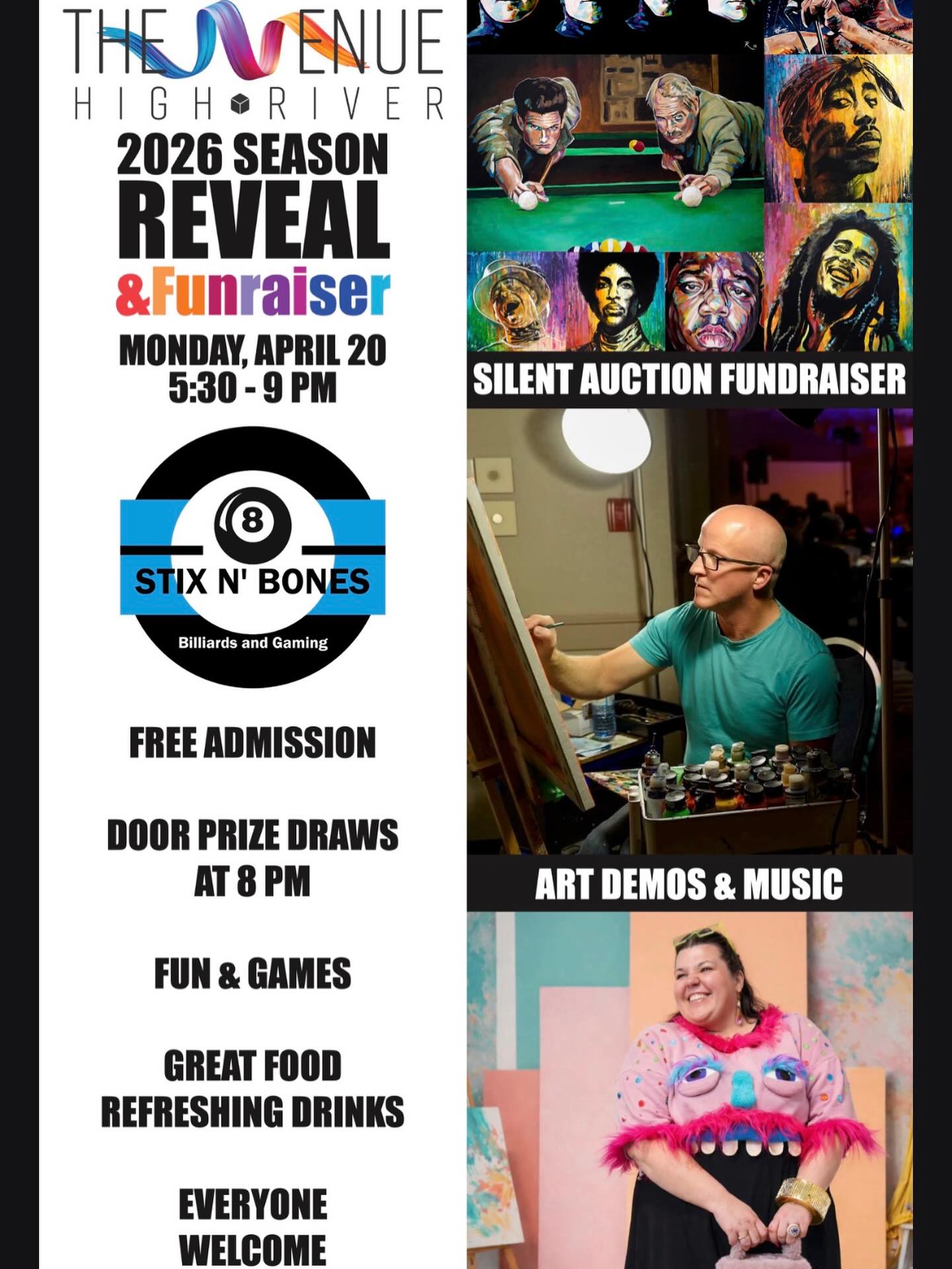 Join us Monday April 20th @stixnbonesbilliards as we reveal our Summer Series and Bandstand Performance lineups and our Gallery Artist installations AND auction off amazing artwork by @russellthomasart from @birdsongstudios.highriver and art demos by @olabirch with all proceeds going towards The Venue Building Fund!
wheh!! Don't miss what is sure to be an amazing night of fun(d)!!! Hope to see you there 🎱🎱🎱
#thevenuehighriver2026 #thevenuegallery2026 #bandstandsundays2026 #highriverart #highriverbilliards