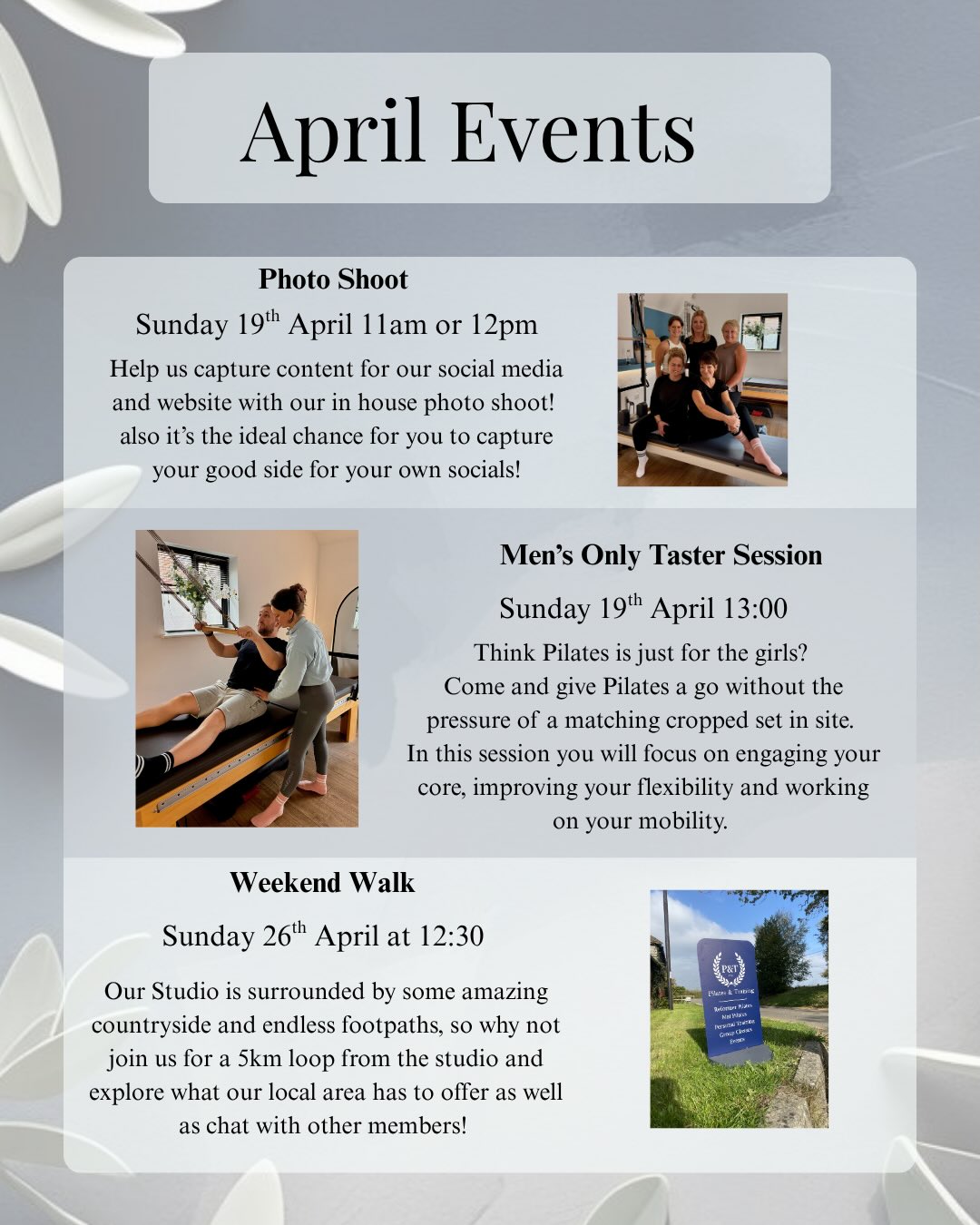 April Updates 💙🩵
Join us in the studio for our Photo shoot, men’s only session, weekend walk or maybe ever some plain ol Pilates!!
See you in the studio