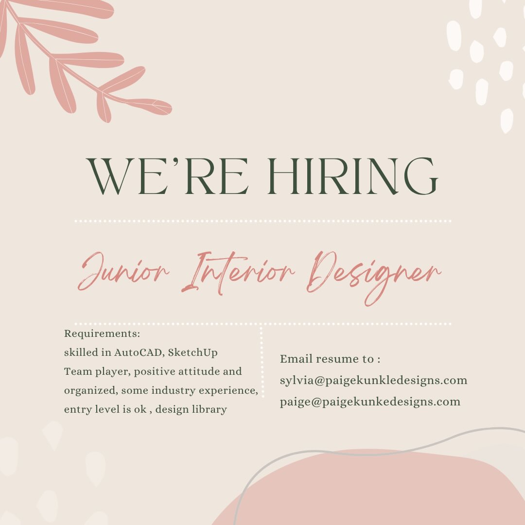 We are growing ..
If you want to join a fun and fabulous team and experience working together all over the country and beyond (MX and Europe)
Our team might be a fit for you !! We are a little quirky but so much fun !!
We are looking for a Jr and a part time Jr Designer with both AutoCAD and SketchUp
Working in our design library interfacing with clients and some travel and general office and organizational skills is a must ..
if still in school we can work around your schedule. Some interior design or interior design industry experience is needed.
Email your resume to Sylvia at sylvia@paigekunkledesigns.com
Looking to start asap
#interiordesign #PKD #wearehiring