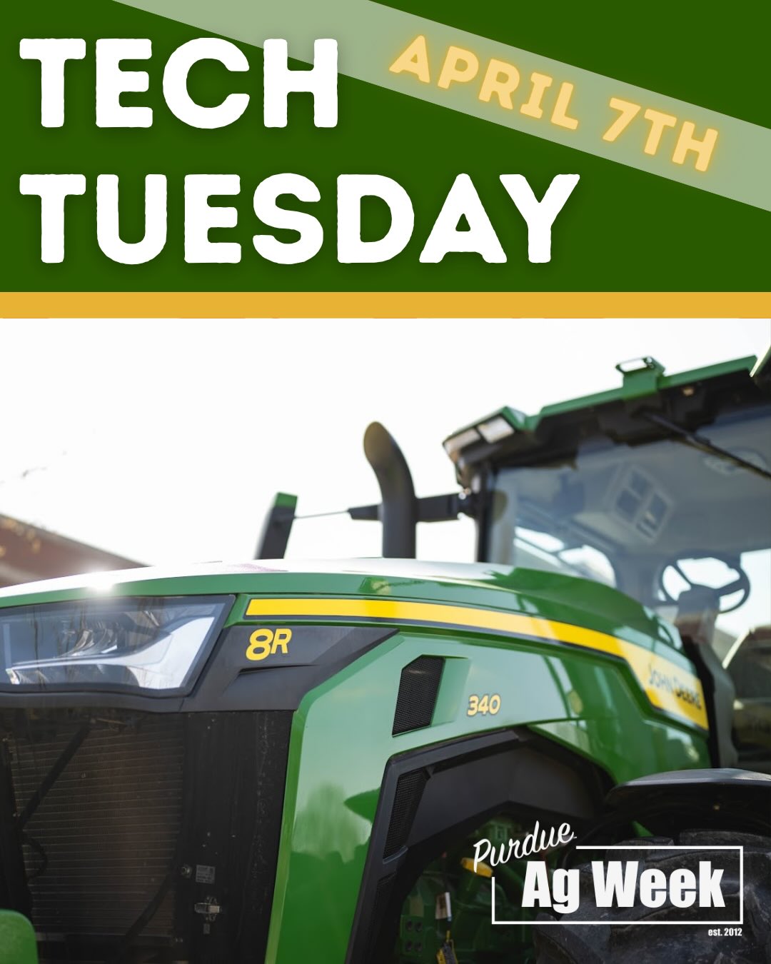 Who’s ready for Tech Tuesday? 🚜⚙️ Make sure to visit Memorial Mall today from 10:00 a.m. - 3:00 p.m. to grab some popcorn and learn all the latest technology in agriculture.
-
Don’t miss our Cultivating Conversations panel at 12:30 p.m.! This years topic is, “Shaping the Future of Food: Trade & Policy in Action.”
-
We hope to see you there!
-
#purdueagweek #techtuesday #educate #engage #inspire