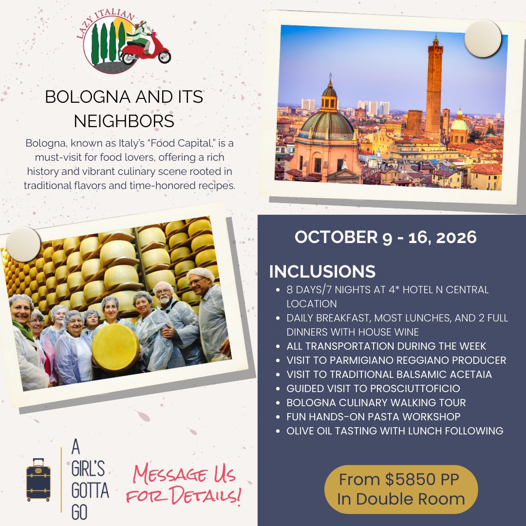 Calling all food lovers… Bologna is calling! ✨🍝
Join an unforgettable culinary journey through Bologna with The Lazy Italian
📅 October 9–16, 2026
- From $5,850 pp (double occupancy)
Known as Italy’s Food Capital, this experience is all about authentic flavors, hands-on moments, and unforgettable meals 🇮🇹 Highlights include:
🧀 Visit a Parmigiano Reggiano producer
🍷 Traditional balsamic acetaia tasting
🥓 Guided visit to a prosciutto producer
🍝 Hands-on pasta workshop
🥖 Bologna culinary walking tour
🫒 Olive oil tasting with lunch
🍽️ Daily breakfast, most lunches & 2 dinners with wine
Plus 7 nights in a 4★ centrally located hotel and all transportation included. Spots are limited for this incredible week of food, culture, and la dolce vita.
Read the full itinerary --> https://www.thelazyitalian.com/tour/bologna/
📩 Message A Girl’s Gotta Go & reference “Lazy Italian Bologna” to reserve your spot!
#TravelInStyle #TKO #AGirlsGottaGo #LazyItalian #BolognaItaly #FoodieTravel #CulinaryTour #ItalyTravel #TravelInStyle