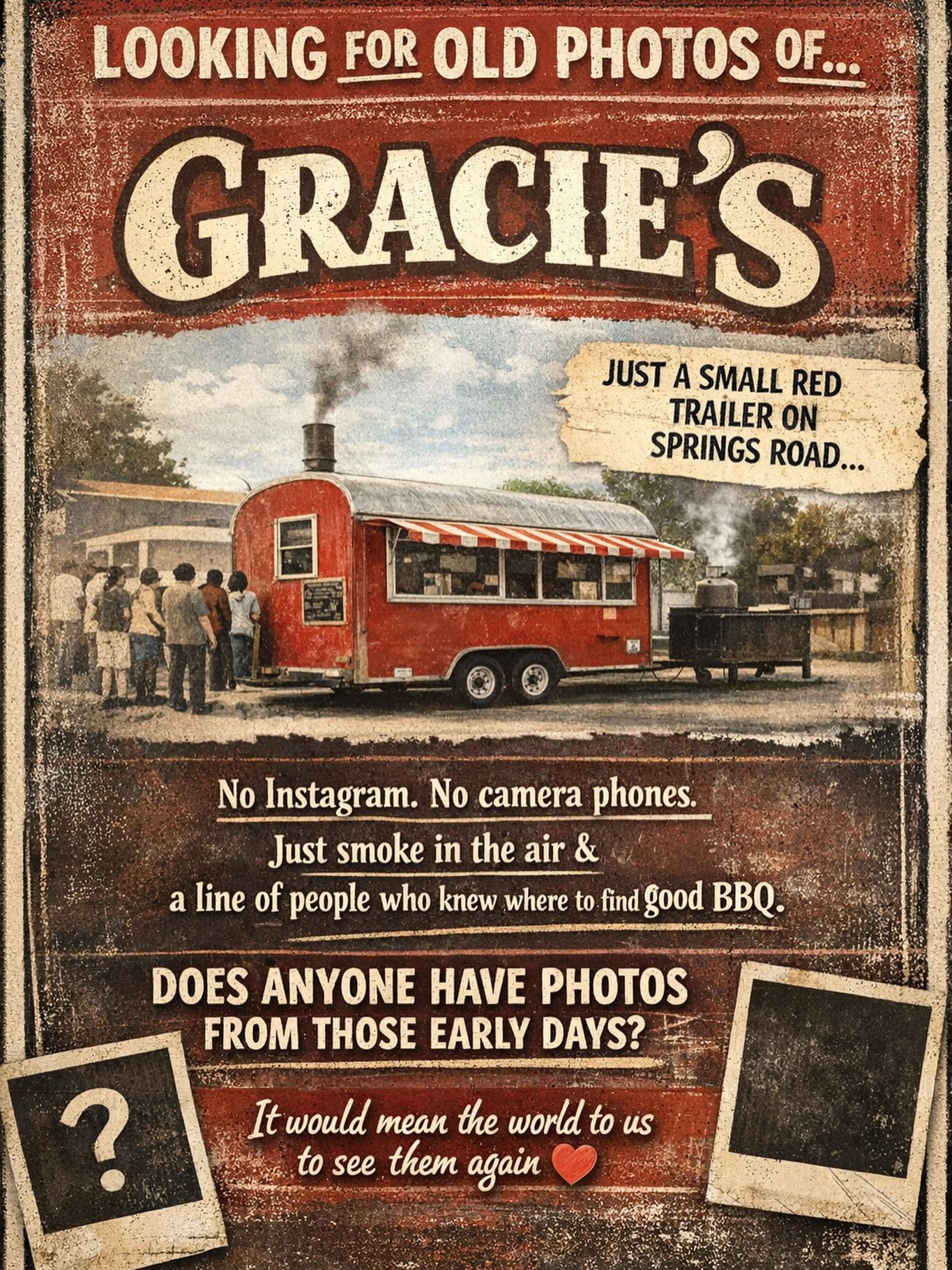 Vallejo⌠we need your help đ
Gracieâs started as a small trailer on Springs Roadâlong before smartphones and social media.
Somewhere out there, someone has a photo.
If thatâs you, drop it below or send it our way â¤ď¸