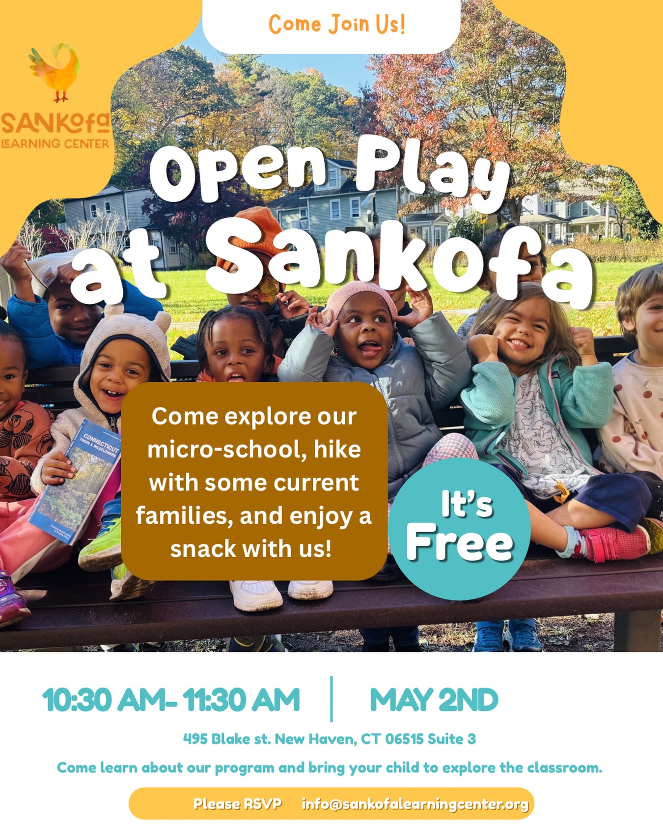 Save the date 🗓️
Join us for our Open House & Family Hike on May 2nd from 10:30–11:30 AM! Come explore our classroom, meet current families, and enjoy a hike together. This is a community event and everyone is welcome! 🌿🥾
RSVP to info@sankofalearningcenter.org!