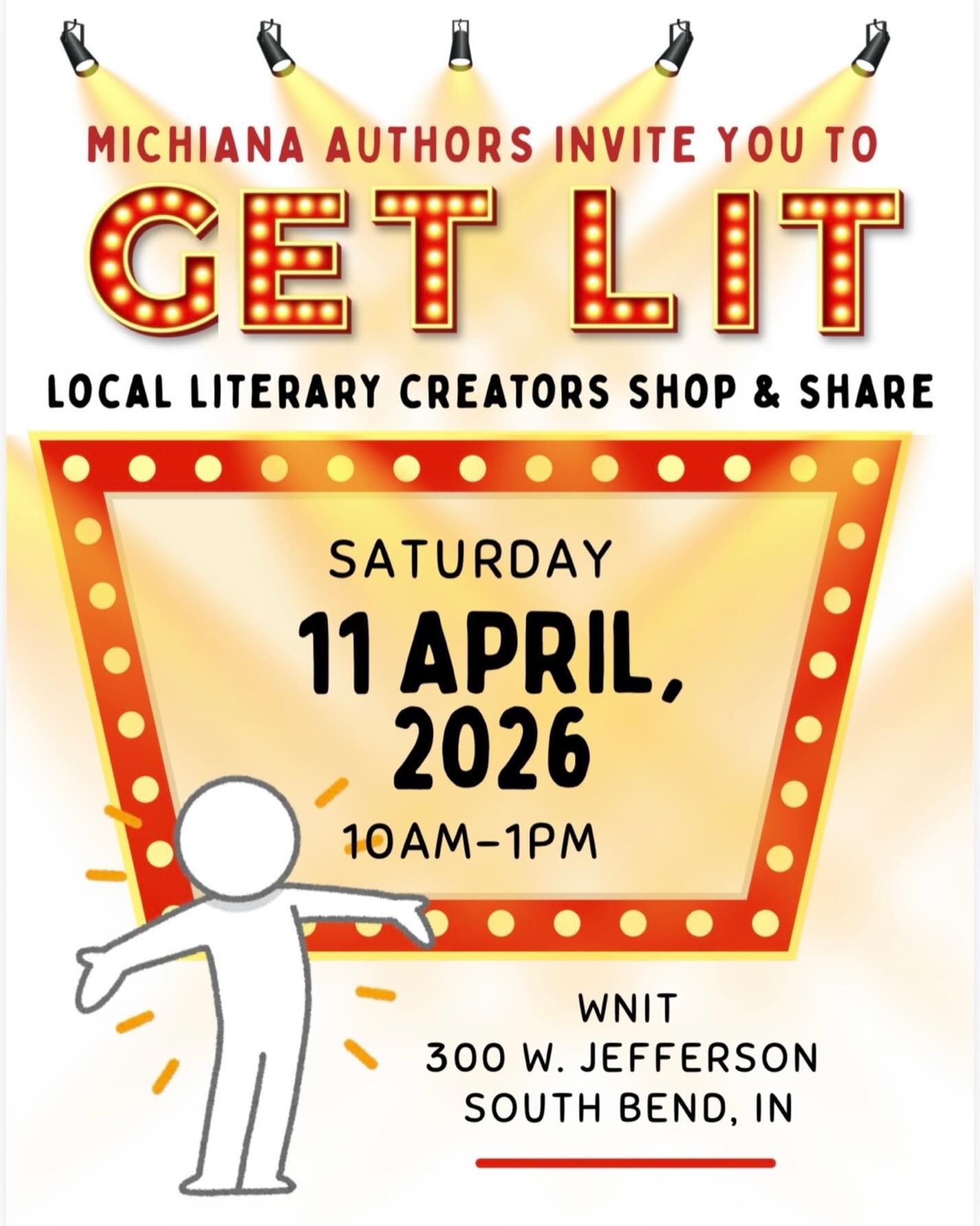 Please join me at GET LIT with Michiana Authors tomorrow, April 11 from 10am to 1pm. It’s an opportunity to mix and mingle with local authors, buy some great books, and have lots of fun!
It’s being held at:
WNIT
300 W. Jefferson Blvd.
South Bend, IN
#getlit
#meetlocalauthors
#readmore
