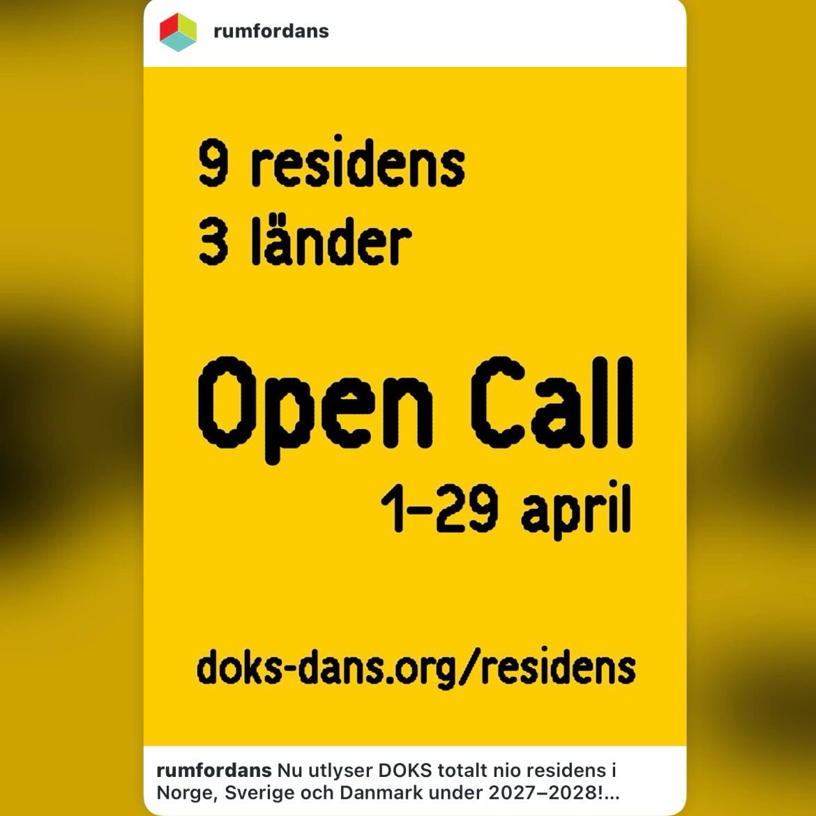 Inlägg delat från @rumfordans :
——
” Nu utlyser DOKS totalt nio residens i Norge, Sverige och Danmark under 2027–2028!
Alla former och stilar inom scenisk dans är välkomna – från folkdans till street, från flamenco till samtidsdans. Barnföreställningar eller experimentella scenprojekt. Intima dansverk eller bombastiska scenupplevelser. Oavsett om du är ljusdesigner, producent, dramaturg, koreograf eller dansare är du varmt välkommen att söka.
Har du en idé du vill testa och utveckla? Skicka in din ansökan senast den 29 april kl. 13.00.
Läs mer på doks-dans.org/residens
Bakom DOKS står Rum för Dans/Region Halland i samarbete med Bora Bora (Danmark) och Bærum Kulturhus – Dans Sørøst-Norge (Norge). Stort TACK till EU:s Interreg Öresund-Kattegat-Skagerrak som delfinansierar projektet. ”
——
