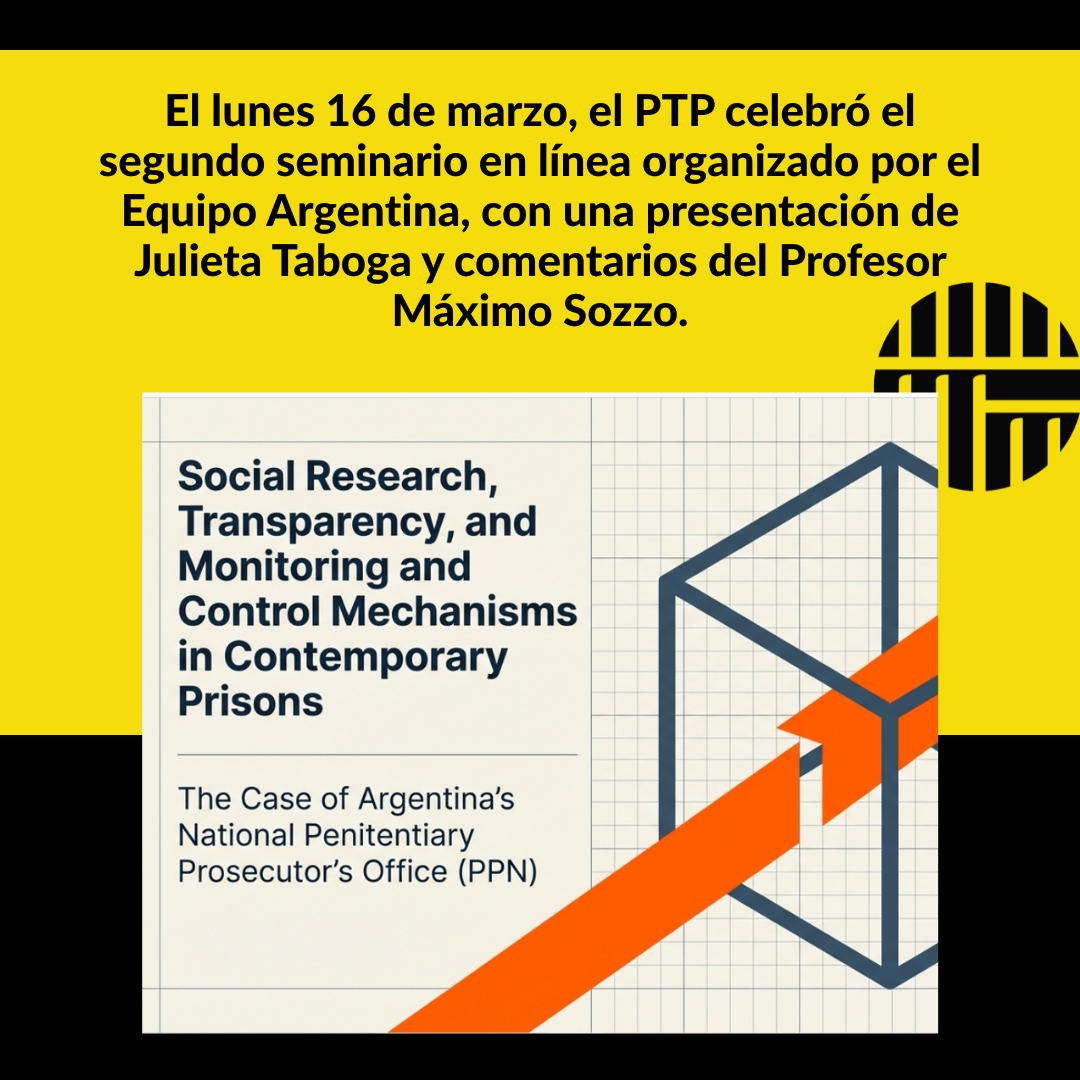 🎉 ¡Felicitamos a Julieta Taboga por su brillante presentación en la Segunda Reunión 2026 del Seminario Permanente sobre Transparencia Penitenciaria!
Junto a Máximo Sozzo, Julieta nos llevó a explorar su investigación centrada en el trabajo del PPN (Procuración Penitenciaria de la Nación) y su función de monitorear y controlar las prisiones contemporáneas en Argentina. 🇦🇷
Un trabajo riguroso, comprometido y necesario para visibilizar lo que ocurre detrás de los muros. 💪
¡Gracias Julieta! 🙌
🗓️ 16 de marzo de 2026 | Online | Con traducción simultánea español-inglés
Organizado por Prison Transparency Project · UNL · Universidade da Coruña · Carleton University
________________________________________
We congratulate Julieta Taboga on her brilliant presentation at the Second Meeting 2026 of the Permanent Seminar on Prison Transparency! 🏛️✨
Together with Máximo Sozzo, Julieta took us through her research focused on the work of the PPN (National Penitentiary Prosecutor's Office) and its role in monitoring and controlling contemporary prisons in Argentina. 🇦🇷
A rigorous, committed and deeply necessary work to shed light on what happens behind prison walls. 💪
Thank you Julieta! 🙌
🗓️ March 16, 2026 | Online | Simultaneous Spanish-English translation Organised by Prison Transparency Project · UNL · Universidade da Coruña · Carleton University
______________________________________
🎉 Nous félicitons Julieta Taboga pour sa brillante présentation lors de la Deuxième Réunion 2026 du Séminaire Permanent sur la Transparence Pénitentiaire ! 🏛️✨
Aux côtés de Máximo Sozzo, Julieta nous a guidés à travers sa recherche sur le rôle du PPN (Procuradure Pénitentiaire Nationale) dans le suivi et le contrôle des prisons contemporaines en Argentine. 🇦🇷
Un travail rigoureux, engagé et profondément nécessaire pour mettre en lumière ce qui se passe derrière les murs des prisons. 💪
Merci Julieta ! 🙌