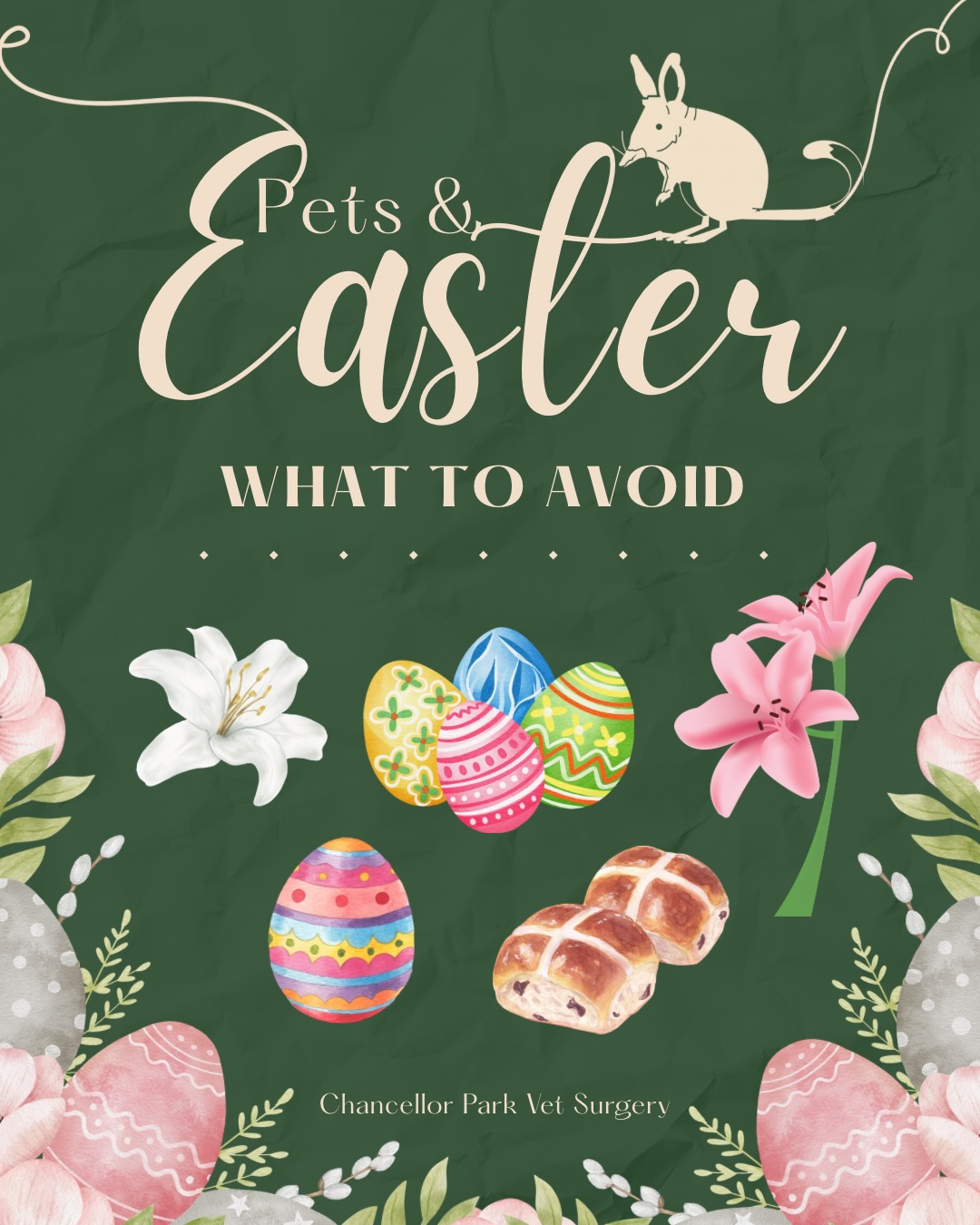 Happy Easter from the CPVS team 🐣
We are officially closed for the Easter long weekend.
Just a friendly reminder of some Easter toxins that your pet may be exposed to. If exposure occurs immediate veterinary assessment is essential.