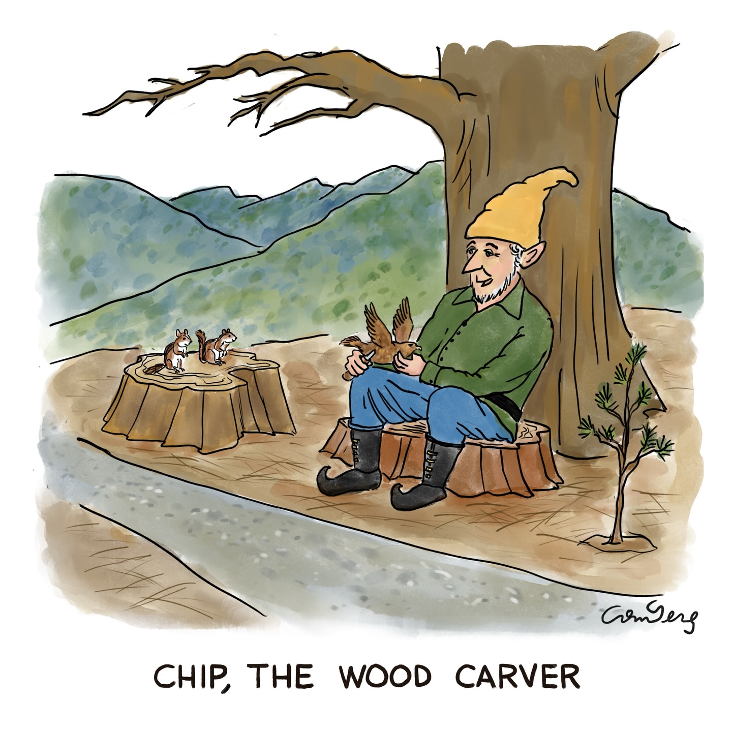 Here’s another illustration for the upcoming “Art Around High Bridge”.
(Apr 11-26).
“Chip”, The Woodcarver gnome, is a friend of “Art”, the artist gnome. Art’s friends are part of a clever scavenger hunt that’s planned for this wonderful event. When you find the real gnome home of Chip, a QR code inside will take you to a landing page where you see this and an audio recording of Chip talking about his daily life as a woodcarver. He talks about the sapling, his chipmunk friends and more.
@artaroundhighbridge
#gnomes