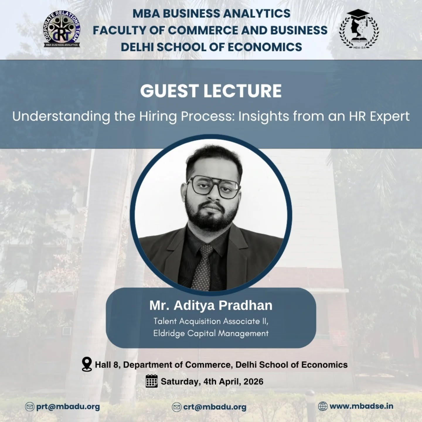 In today’s competitive job market, understanding how hiring really works can make all the difference between getting shortlisted and getting selected.
The Corporate Relations Team (CRT), is pleased to host a guest lecture on "Understanding the Hiring Process: Insights from an HR Expert” delivered by Aditya Pradhan.
An HR professional and Talent Acquisition expert, Aditya currently serves as Talent Acquisition Associate II at Eldridge Capital Management and brings diverse experience from organizations like Lodha, PwC, and Capgemini. As a guest speaker at premier institutes including IIT Bombay, IIT Jammu, IIM Jammu, and IRMA, he has consistently guided students on navigating the realities of corporate hiring. With certifications from HRCI and SHRM, he brings both practical expertise and global HR perspectives to the table.
Through this session, he will offer an insider’s view into recruitment- how candidates are evaluated, what truly differentiates profiles, and the common pitfalls to avoid during placements.
• Date: Saturday, 4th April 2026
• Time: 3:00 PM – 4:30 PM
• Venue: Hall 8, Department of Commerce, Delhi School of Economics
We invite all students to be a part of this insightful session and gain practical knowledge to approach placements with clarity and confidence.
#HiringProcess #HRInsights #GuestLecture #DSE #DU