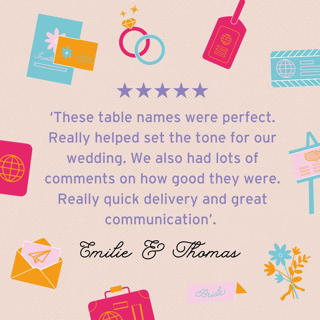 ⭐⭐⭐⭐⭐ Getting your guests talking is what our stationery is all about! 🙌
It was a pleasure to work with Thomas & Emilie to create their travel theme table names. Each table represented a place that means a lot to them. Naming your tables after something important to you is a great conversation starter for guests.
#travelwedding #travelthemewedding #destinationwedding
#tablenames #tablenumber #tablecentrepiece #uniqueweddingideas #personalweddingideas #weddingstationer