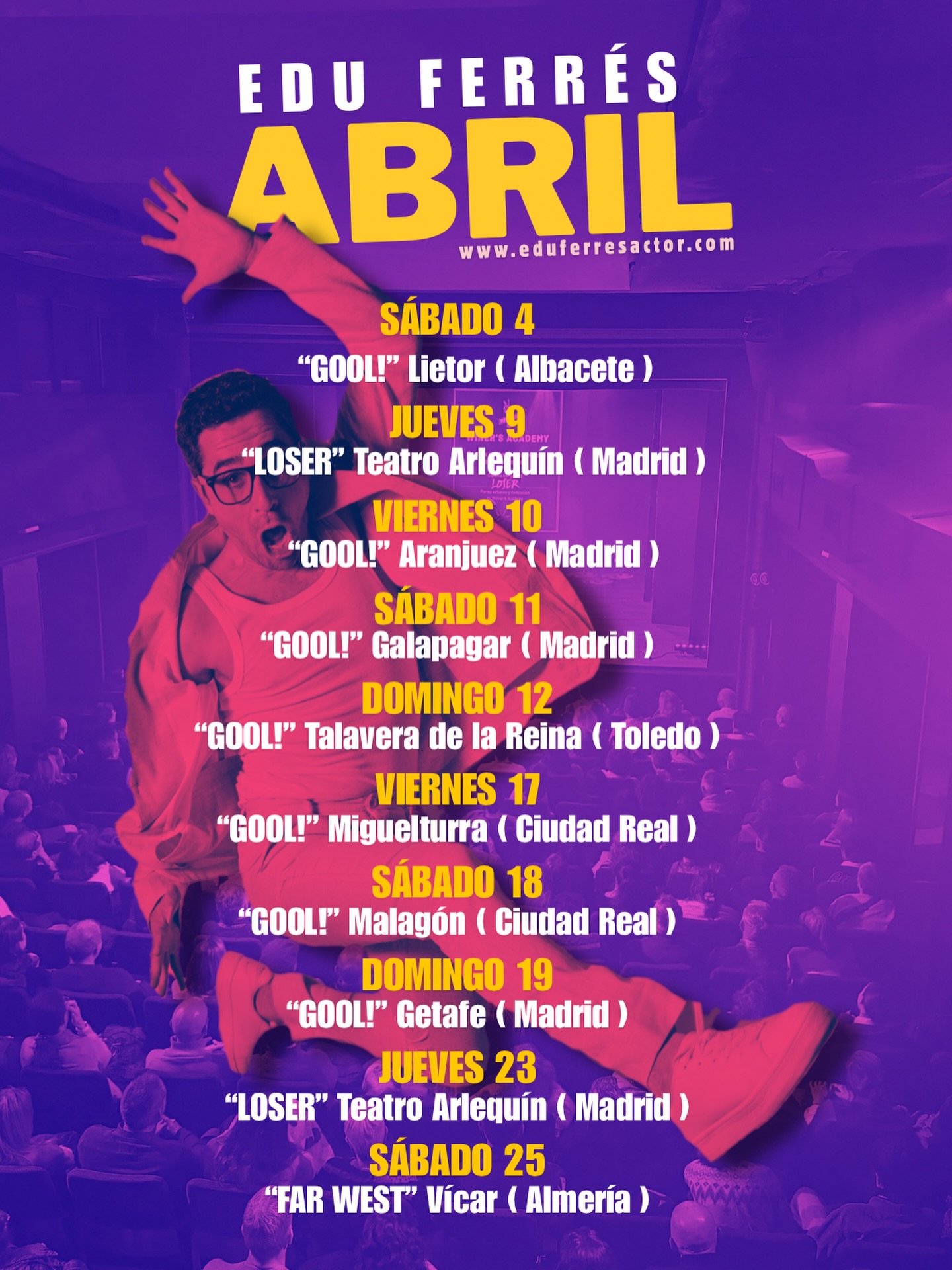 💥 ABRIL 💥
Toda la info y entradas en el link de mi perfil.
#comedia #teatro #gira #ontour #clown