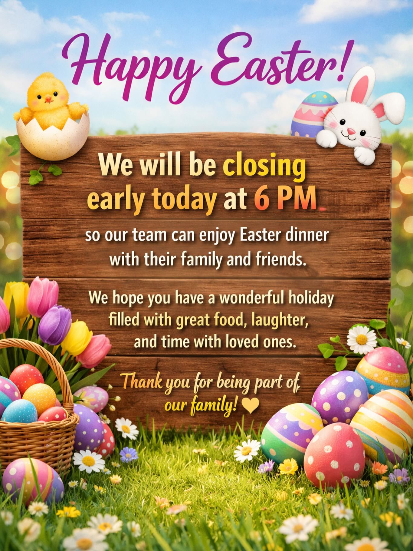 🐣 Happy Easter from Grill 309! 🐰
We will be closing early today at 6 PM so our team can enjoy Easter dinner with their family and friends.
We hope you have a wonderful holiday filled with great food, laughter, and time with loved ones. Thank you for being part of our Grill 309 family! 💛