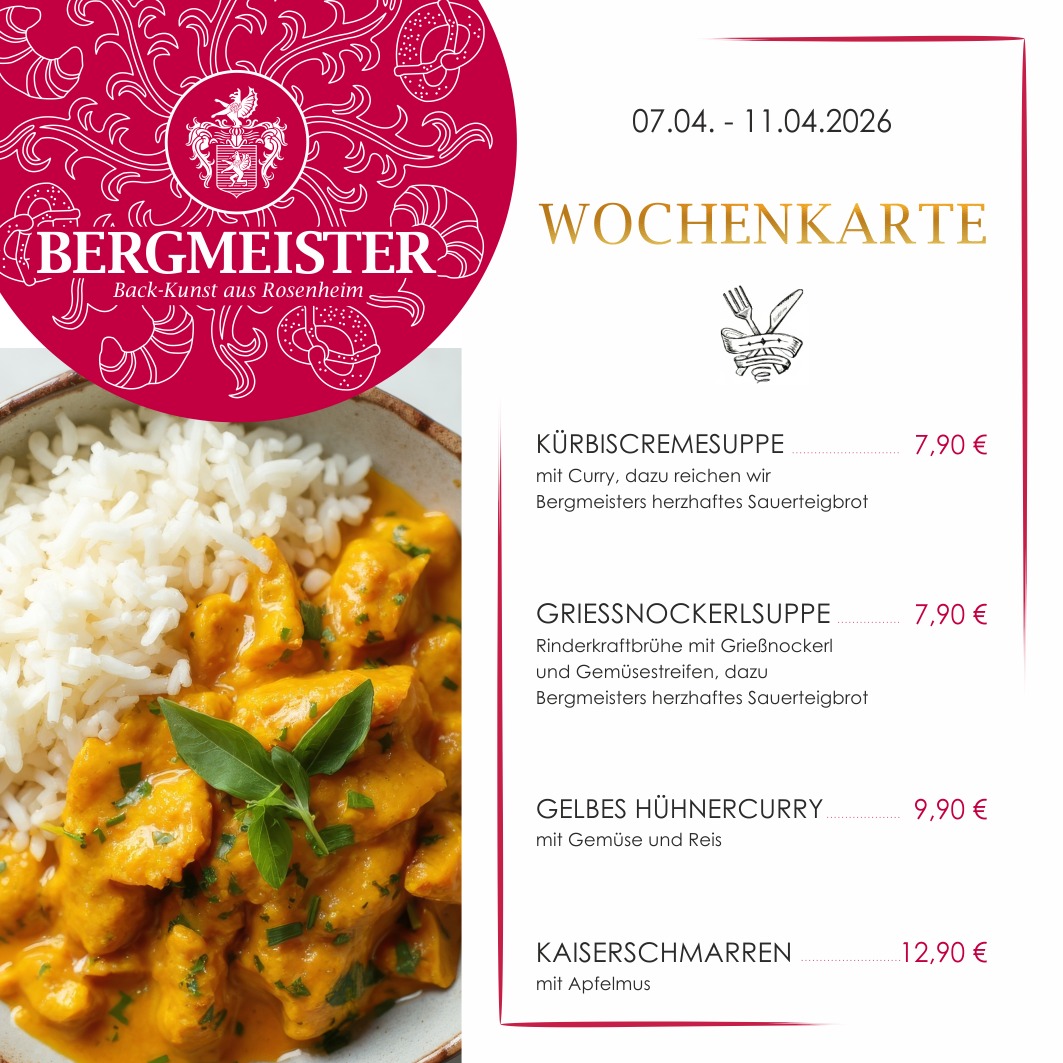 Hey liebe Genuss-Fans! 🌟
Ab morgen gibt es eine neue Wochenkarte im Café BERGMEISTER mit vier absoluten Schmankerl für eure Mittagspause! 😍
🍲 Kürbiscremesuppe mit Curry – perfekt würzig und cremig
🥣 Grießnockerlsuppe – klassisch & einfach mega lecker
🍛 Gelbes Hühnercurry mit Gemüse & Reis – exotisch und saftig
🥞 Kaiserschmarren mit Apfelmus – der süße Abschluss, den man liebt!
Kommt vorbei, gönnt euch was Leckeres und macht eure Mittagspause zum Highlight des Tages!
Wir freuen uns auf euch! 💛
Euer Team vom Café BERGMEISTER
#cafébergmeister #bergmeister #Leckereien #Schmankerl #FoodieHeaven #LeckerEssen #EssenWieBeiMama #herzhaft #kürbiscremesuppe #grießnockerlsuppe #hühnercurry #kaiserschmarren #mittagspause #lunchbreak #maxjosefsplatzrosenheim #rosenheim #pause #mittagessen #frischeküche #wochenkarte