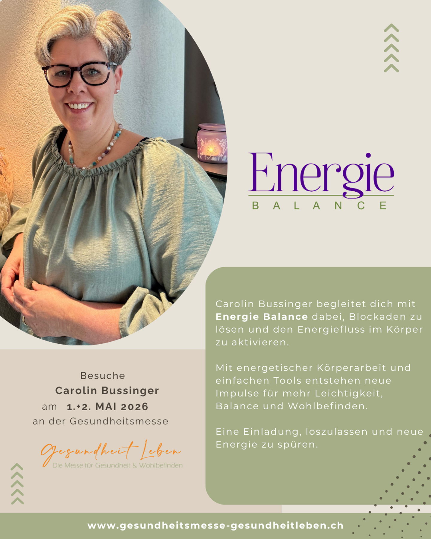 Unbewusst gespeicherte Emotionen können unser körperliches und seelisches Wohlbefinden stärker beeinflussen, als wir oft denken.
Carolin Bussinger von Energie Balance begleitet dich dabei, Blockaden zu lösen, den Energiefluss im Körper zu aktivieren und deine Selbstheilungskräfte zu unterstützen.
Mit energetischer Körperarbeit und verschiedenen Methoden schafft sie Raum für mehr Leichtigkeit, innere Stärke und Harmonie.
An der Gesundheitsmesse hast du die Möglichkeit, diese Arbeit direkt zu erleben – sei es beim Meridianen Klopfen oder durch das Kennenlernen von sogenannten SuperPatches.
Diese können auf einfache und wirkstofffreie Weise Impulse setzen, um Wohlbefinden, Konzentration und Leistungsfähigkeit zu unterstützen.
Ein ganzheitlicher Ansatz, der dich dabei begleitet, Altes loszulassen und neue positive Erfahrungen in dein Leben einzuladen.
Lerne Carolin persönlich kennen und spüre, was sich verändern darf.