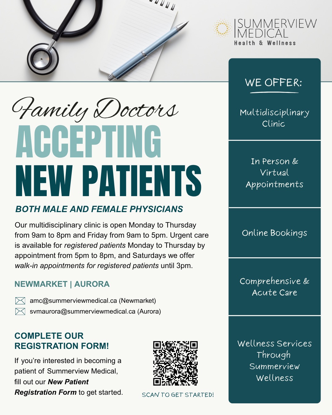 We are still accepting new patients at Summerview Medical. Our multidisciplinary clinic is open Monday to Thursday from 9am to 8pm and Friday from 9am to 5pm. Registered patients can access urgent care by appointment Monday to Thursday from 5pm to 8pm, with Saturday walk-in appointments available until 3pm. To get started, complete our New Patient Registration Form.