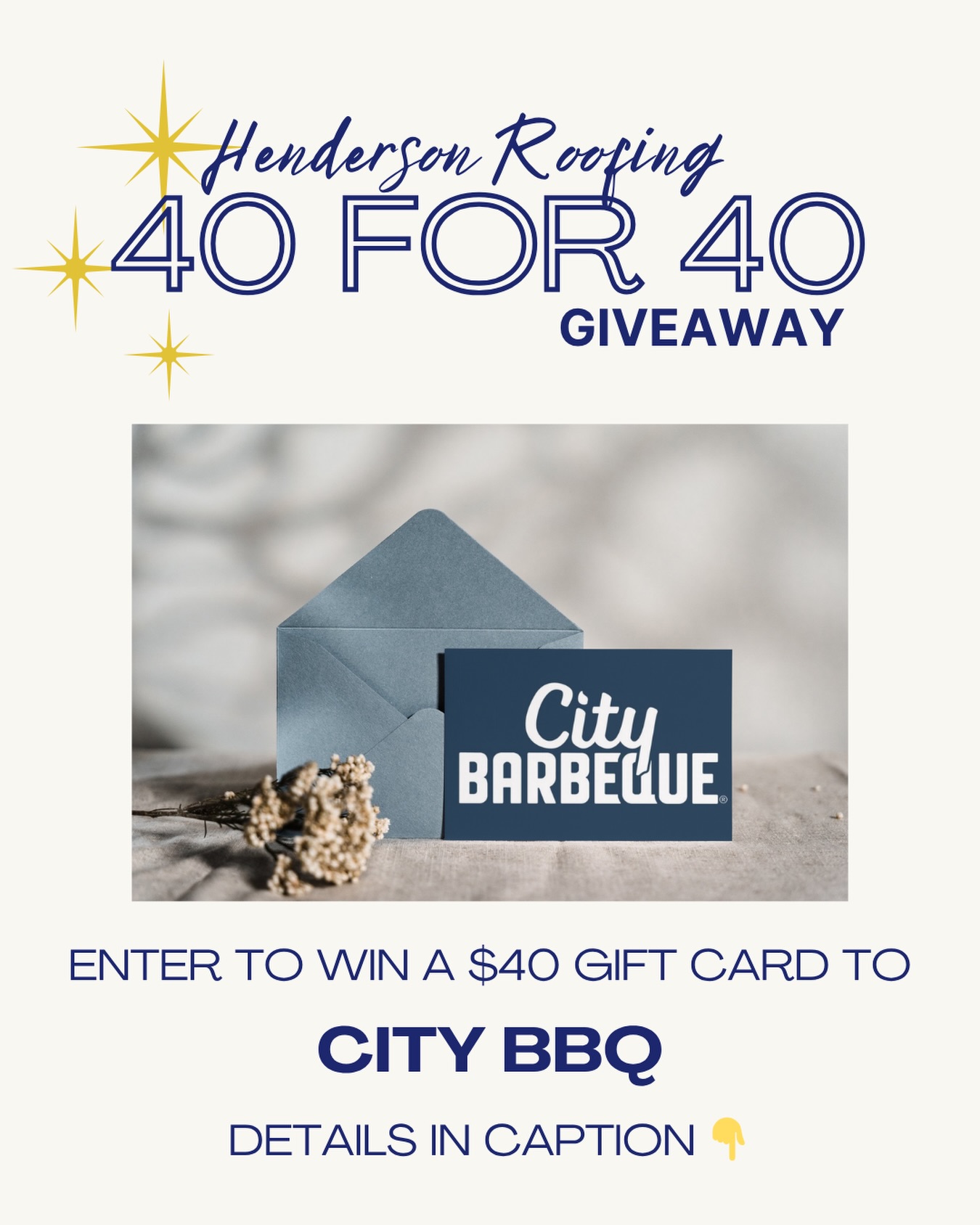 🎉40 FOR 40 GIVEAWAY🎉
Win a $40 gift card to City BBQ of Huntsville!
How to enter:
1. Follow @hendersonroofing
2. Like this post
3. Tag a friend in the comments
4. Share this post
Winner will be announced on 5/15 from this page. Dont forget to hop over to our Facebook account and enter there too for an extra chance! 👀