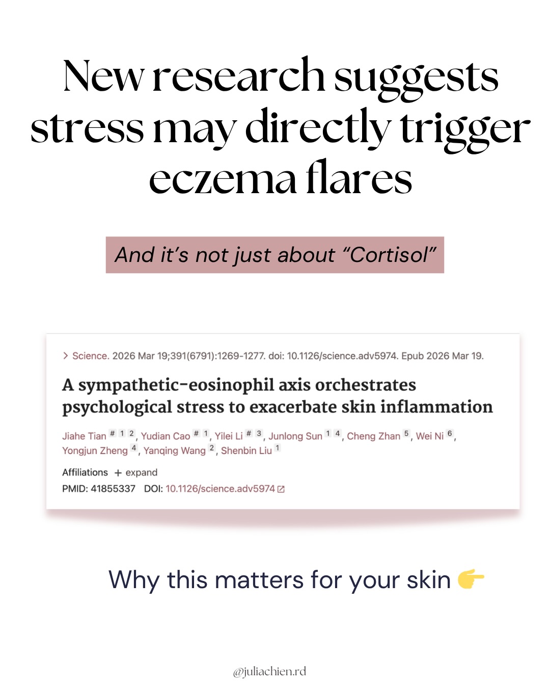 We used to think stress → cortisol → eczema.
Now we are seeing a different mechanism.
A recent study in animal models looked at how psychological stress affects the skin.
Researchers found that stress activates the fight or flight response, which can signal to the skin and immune cells involved in inflammation.
Specifically, it showed elevated eosinophils, which are immune cells that play a role in eczema.
While more research is needed in humans, this is an interesting step forward in understanding how the nervous system impacts eczema.
We’ve always known that eczema isn’t just a skin condition.
And this adds another layer that the nervous system is more involved that we think!!!
I’ve always seen this connection in my clinical practice - my clients dealing with severe flares are usually the ones with the stress 💔
This is why as clinicians, we can’t just look at the gut or supplements.
And for the patients, a reminder that healing goes beyond diet.
PMID: 41855337
Do you see a connection with stress + eczema flares? Let me know in the comments!!
#eczema #atopicdermatitis #stressandhealth #nervoussystem
