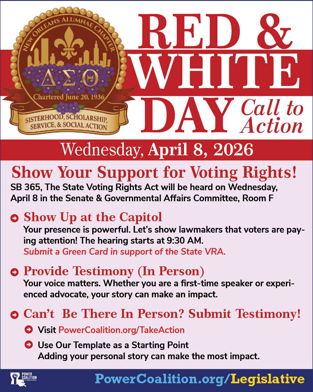We’re painting the Capitol RED tomorrow for Red & White Day at the Louisiana State Capitol! 🔴⚪️
Join the New Orleans Alumnae Chapter for a powerful Day of Social Action as we stand in support of voting rights!
📍 Louisiana State Capitol
🗓 Wednesday, April 8, 2026
⏰ Hearing begins at 9:30 AM (Senate & Governmental Affairs Committee, Room F)
SB 365, the State Voting Rights Act, will be heard—and our presence matters.
✔️ Show up at the Capitol and submit a Green Card in support
✔️ Provide testimony in person—your voice can make an impact
✔️ Can’t attend? Submit testimony online at PowerCoalition.org/TakeAction or click the link in our bio!
#RedAndWhiteDay #DayOfAction #VotingRights #SocialAction #DeltaSigmaTheta