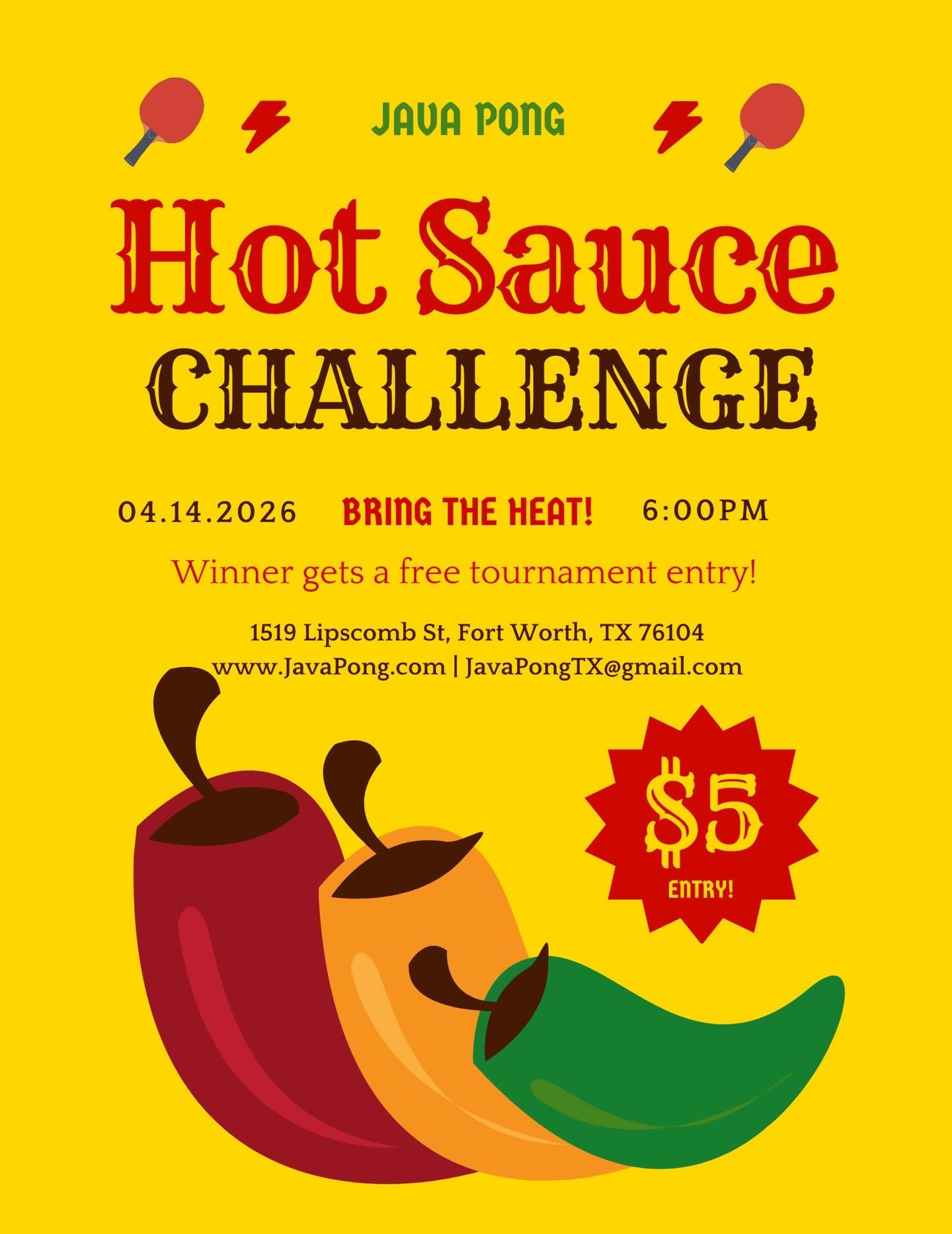 🌶️Tuesday, April 14th 6:00PM will be our 1st JAVA PONG Hot Sauce Challenge! 5 different hot sauces finishing with Da Bomb 💣. Once all sauces are eaten, the player with the most consecutive shots from the robot WINS! Winner will get a free entry to our Round Robin Tournament in May! 🏆 Entires locked in before Tuesday so let us know asap if you want a spot! 🌶️ #javapong #tabletennis #pingpong #fortworth #fun