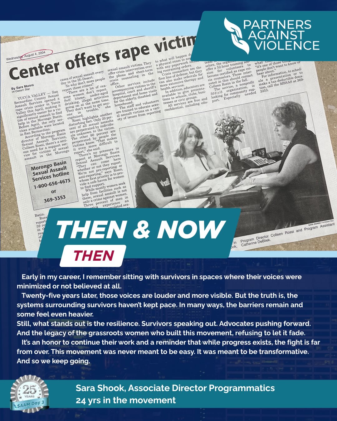 Then & Now: our Associate Directors, who have been in the movement for 20+ years each, share some thoughts with us about the progression of the movement. From news paper clippings to pictures of our favorite activity moments, we enjoyed looking at the past to focus on our future. @nsvrc #30daysofsaam2026 #day3