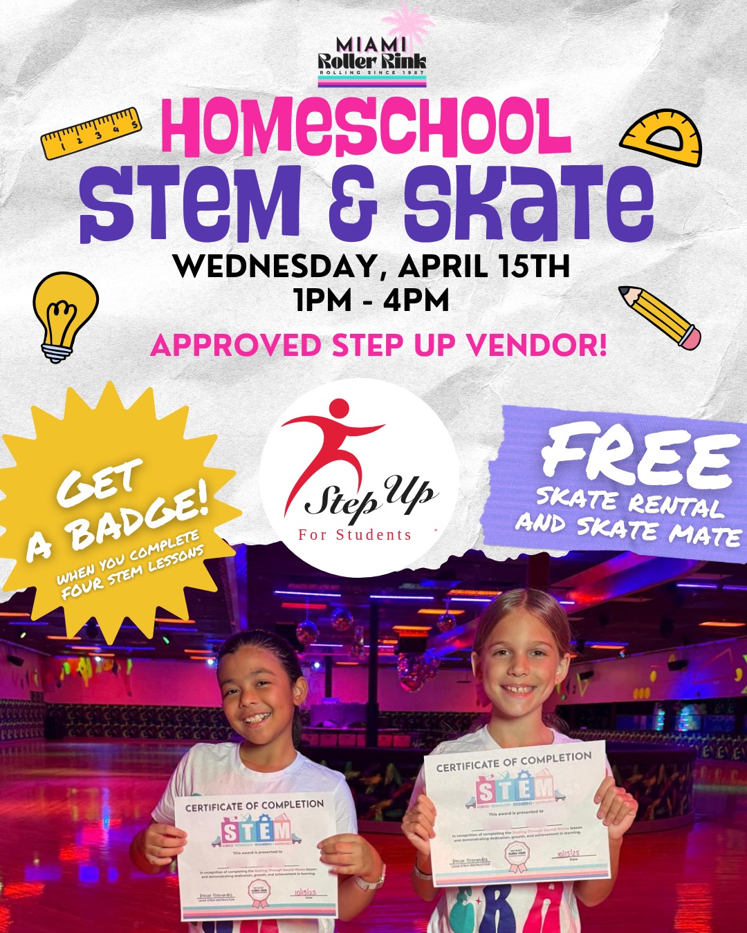 Homeschool Skate is ready to roll for APRIL! 🛼📚
At Miami Roller Rink, we combine STEM learning with roller skating for the perfect balance of brains + movement! 💡✨
What’s included:
STEM lessons & certificate
FREE skate rental & Skate Mate
Rink time with friends
📅 Wednesday, April 15th
⏰ 1PM – 4PM
🎟 Good to know:
Plus & VIP Memberships accepted
Non-skating chaperones get in FREE
Skating chaperones receive 50% OFF to skate ‼️
Receipts available for **Step Up reimbursements**
🎉 Bonus: Book your Homeschool Party during any Homeschool Skate session & enjoy a special homeschool party discount!
#MiamiRollerRink #STEMandSkate #HomeschoolMiami