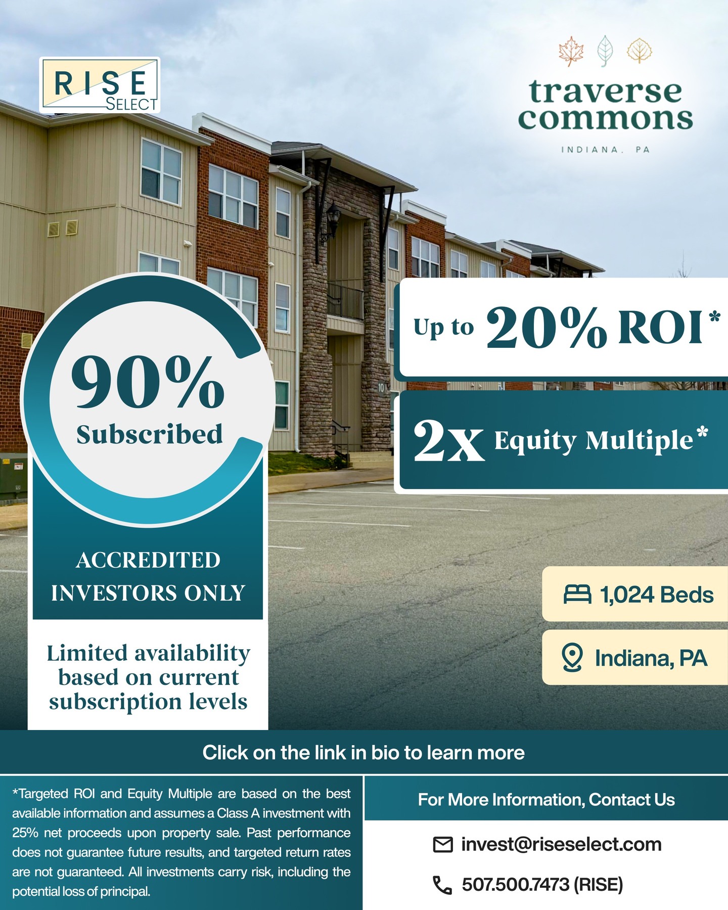Rise Select | Traverse Commons Update
Interested in investing in Rise’s next opportunity? Traverse Commons in Indiana, PA is currently 90% subscribed. Reach out to our investor relations team
(507) 500-7473
invest@riseselect.com
Click the link in bio to learn more.
#riseselect #studenthousing #realestateinvesting #multifamily #investmentopportunity #indianapa #assetmanagement #investwithrise