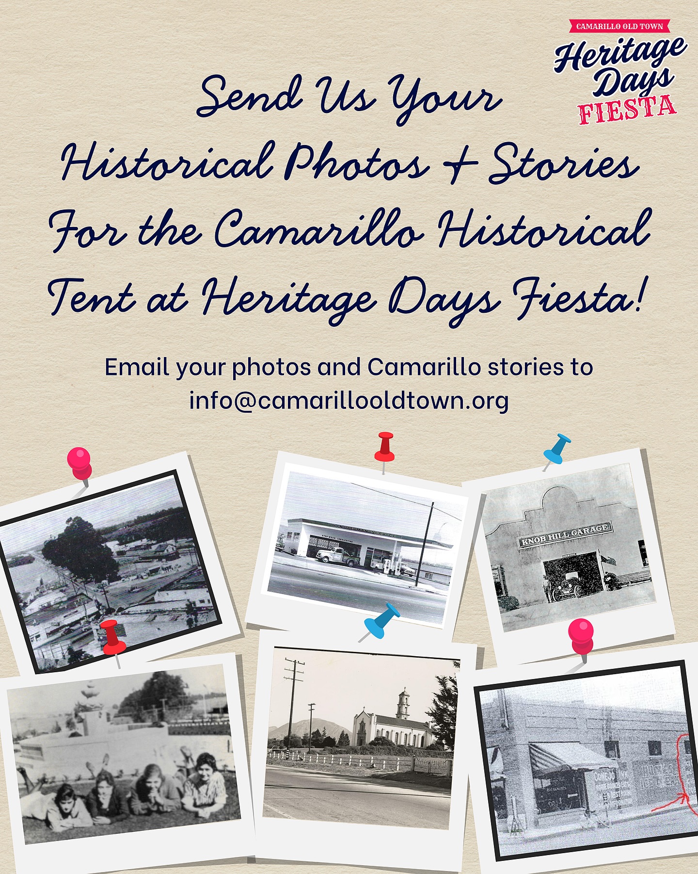 Do you have old photos or stories of Camarillo?📷🎞️ We’d love to share them at our Camarillo Historical Tent during Heritage Days Fiesta!☀️
Help us bring our community’s history to life and send in your photos, memories, and stories at info@camarillooldtown.org!
For more information about the event visit: CamarilloHeritageDays.org