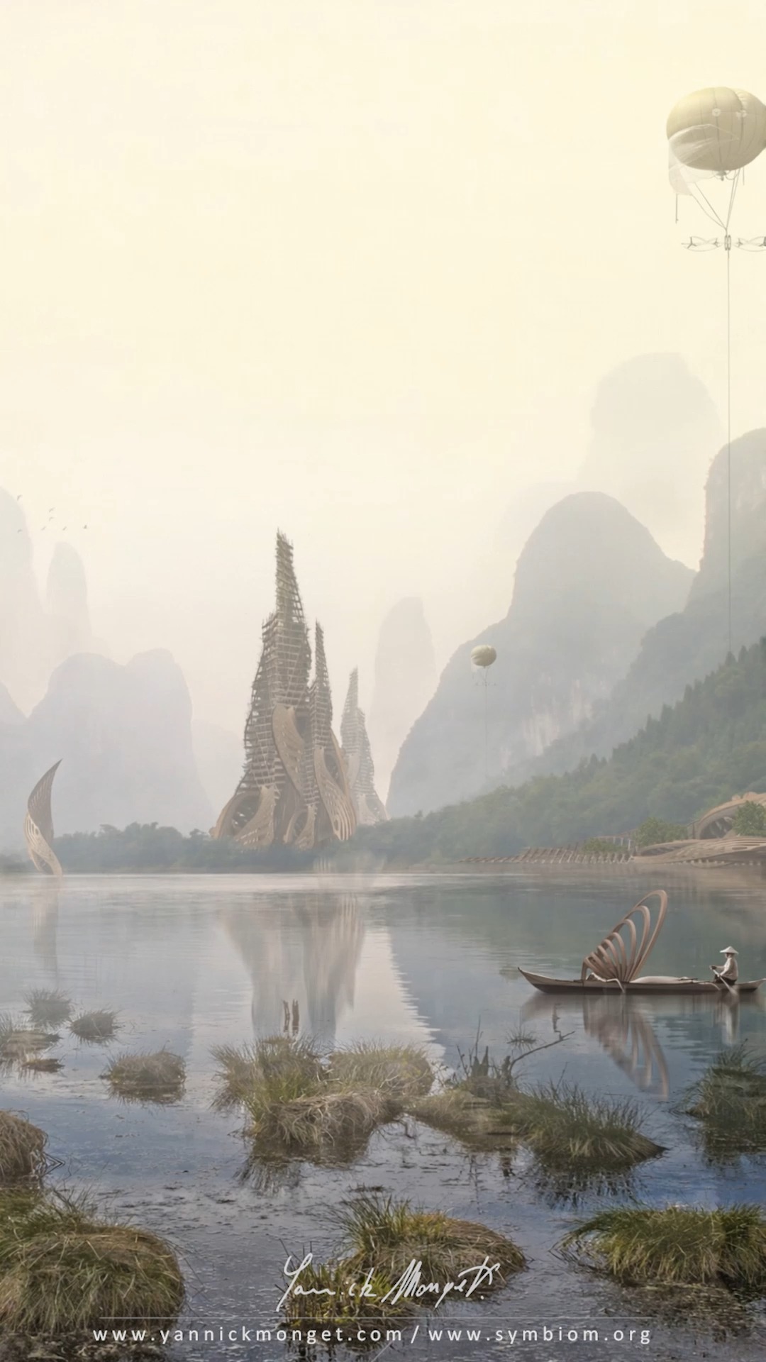 Des siècles dans le futur, une nouvelle civilisation semble avoir pris place en Asie, ici le long de la rivière Li, au pied des pics calcaires caractéristiques où des habitations et constructions parfois imposantes, entièrement faites de bois, semblent émerger du couvert végétal, le long de la zone humide. Dans le ciel, d’étranges éoliennes aériennes semblent générer l’énergie nécessaire à ces constructions, qui utilisent également la force du courant du fleuve.
__________________
SOURCE : Peinture numérique tirée du livre d'art HOPES, Symbiom Editions
Livre disponible sur www.symbiom.org
__________________
NOTES SUR L'IA : L'œuvre originale à la base de cette projection est une œuvre artistique, réalisée sans aucun recours à l'IA / L'intelligence artificielle n'est utilisée ici que comme outil complémentaire permettant d'animer et explorer l'avenir dessiné par l'auteur.